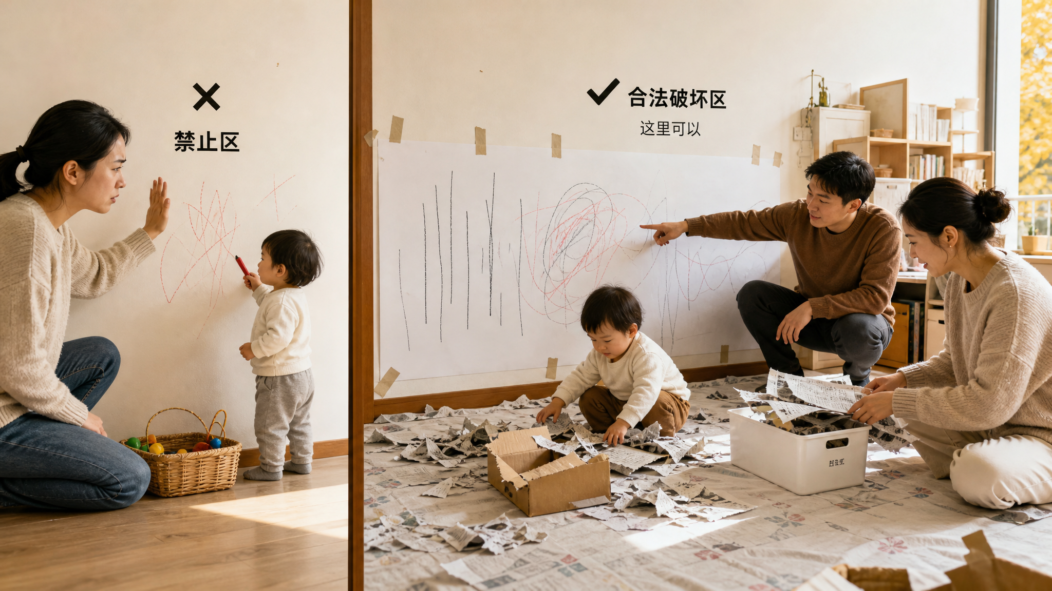 孩子撕书涂墙不是捣乱：3步设“合法破坏区”