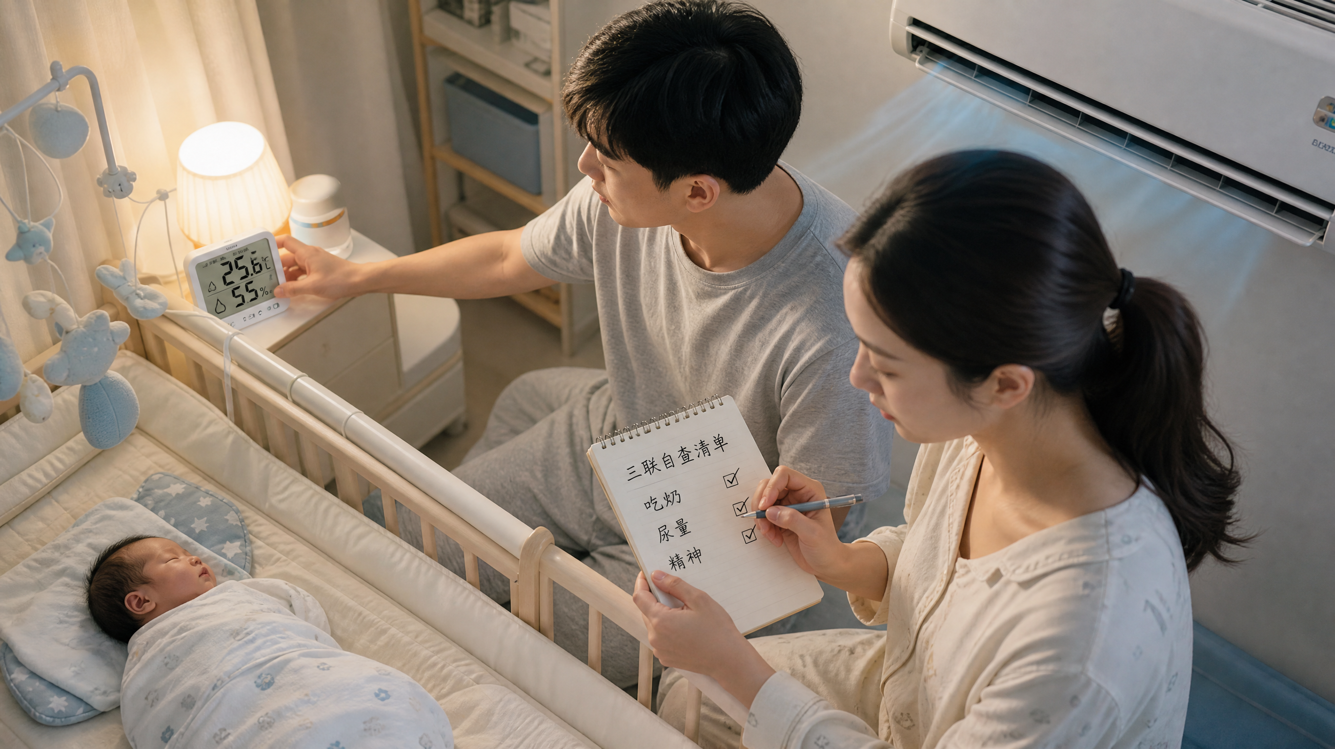 中国年轻妈妈和中国年轻爸爸在夏末夜晚的家庭卧室里照看新生儿，宝宝躺在婴儿床上安静睡觉，妈妈拿着小本子