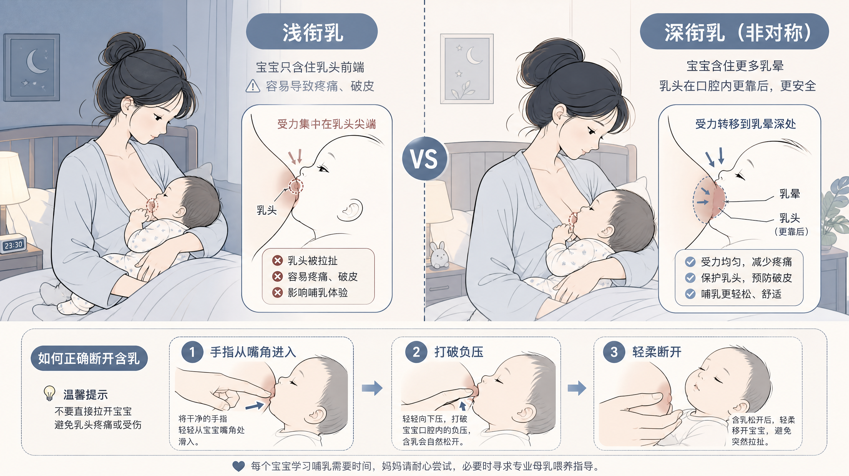 夜奶一含就刺痛裂口？多半是含太浅，按这3步深衔乳立刻减痛