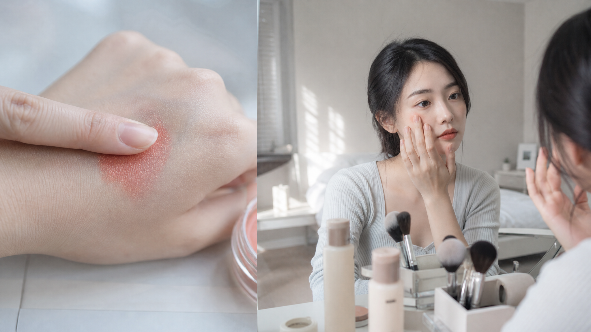 中国年轻女性在早晨明亮的卧室梳妆台前快速化妆，画面分屏式构图：左侧微距特写展示腮红膏“融肤”质地被指