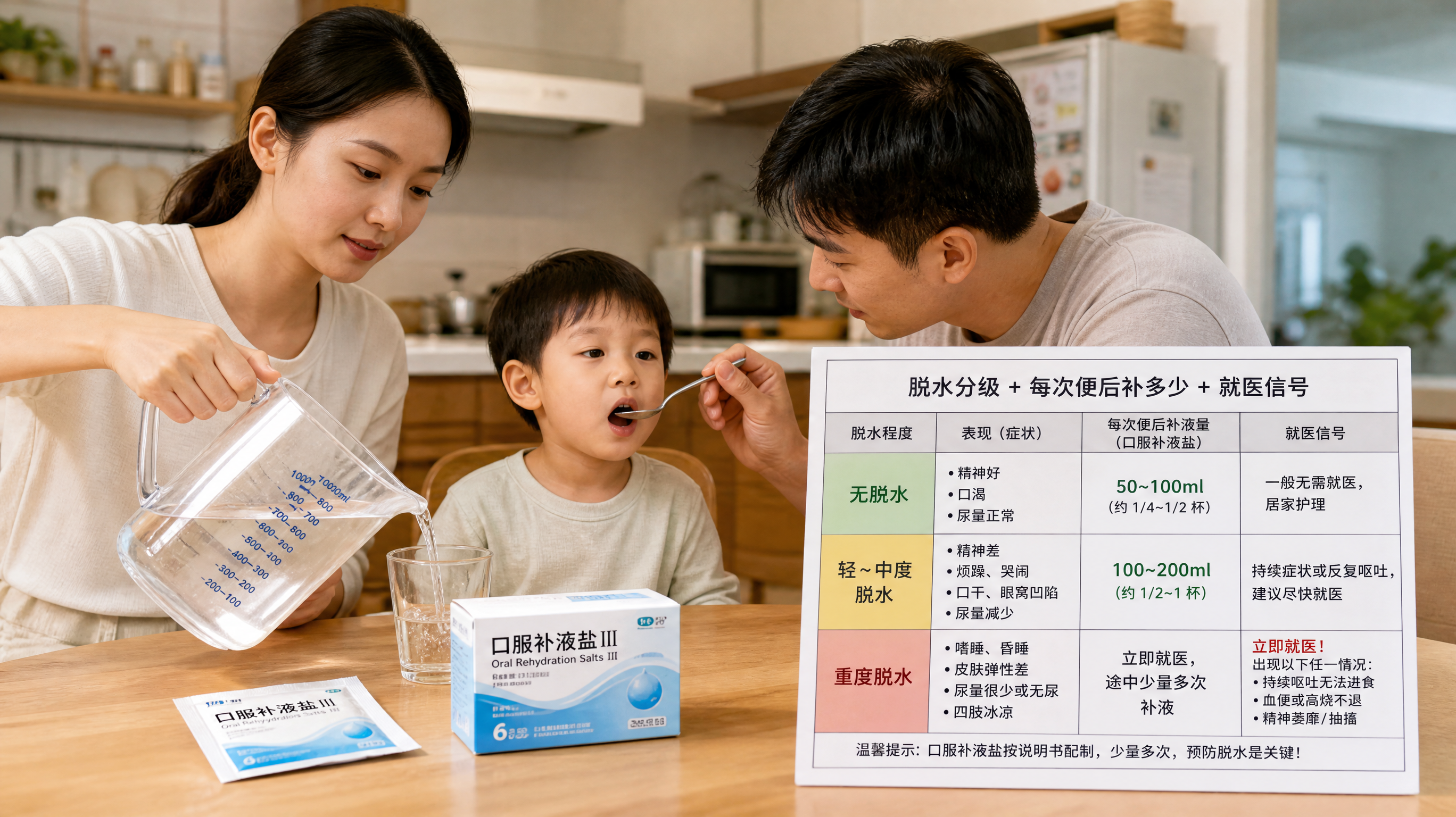 中国年轻父母在家庭餐桌旁照顾一位3-6岁中国儿童，桌面放着带刻度的水壶和口服补液盐包装，妈妈正在按刻