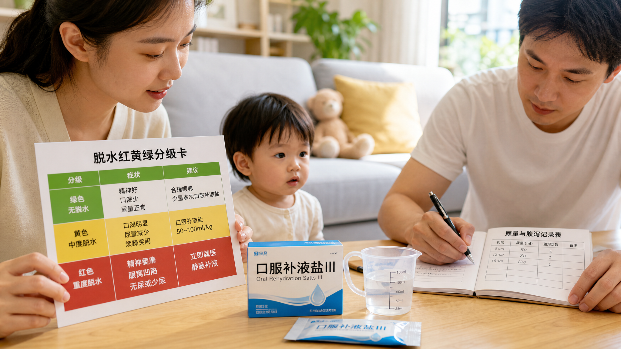 中国年轻父母在家中明亮整洁的客厅里照看一位中国幼儿，妈妈手持一张“脱水红黄绿分级卡”并对照孩子状态，