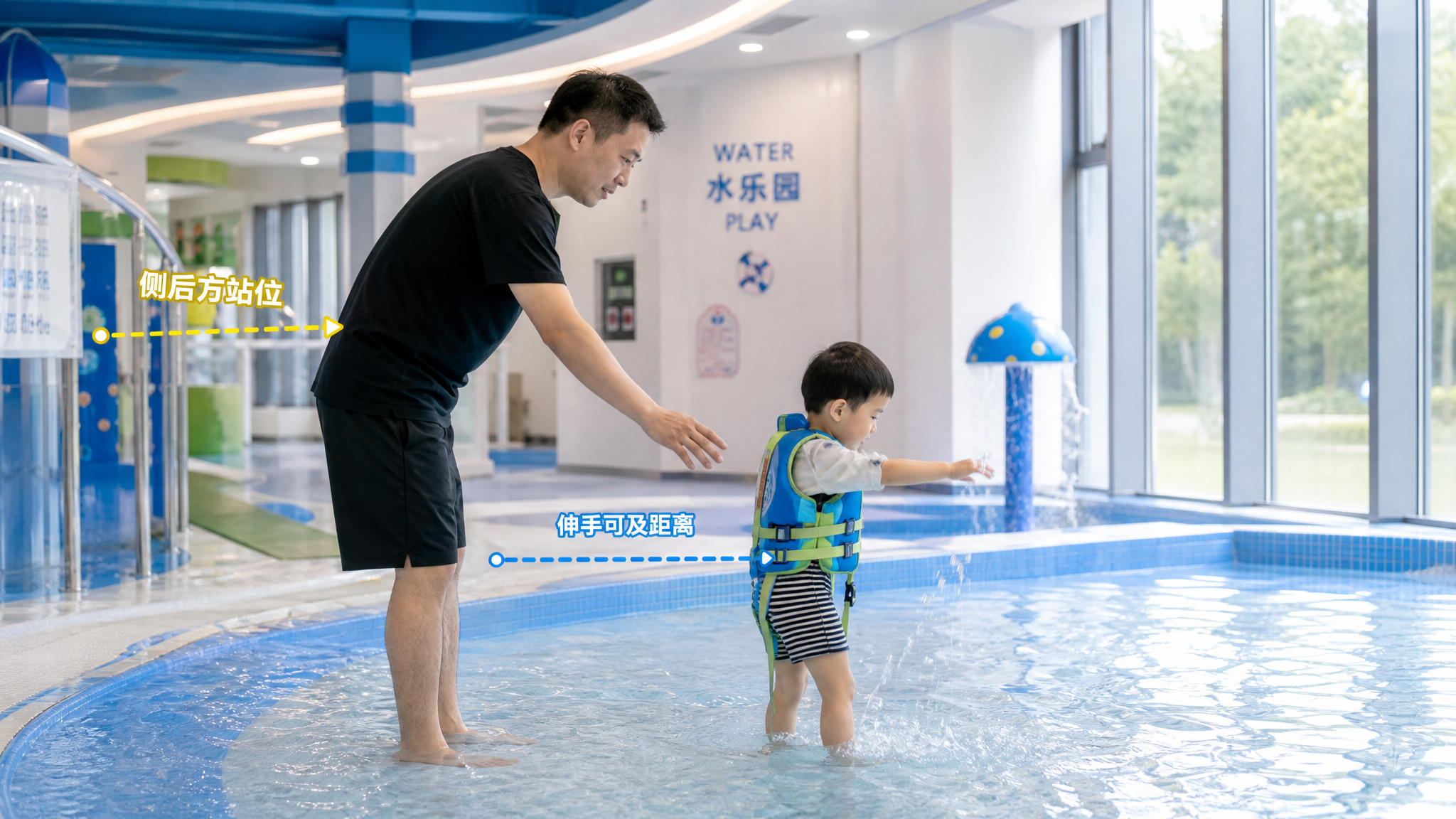 中国室内儿童戏水区或浅水泳池场景，一位中国年轻爸爸站在中国幼儿（3-6岁）侧后方一米以内伸手可及的位