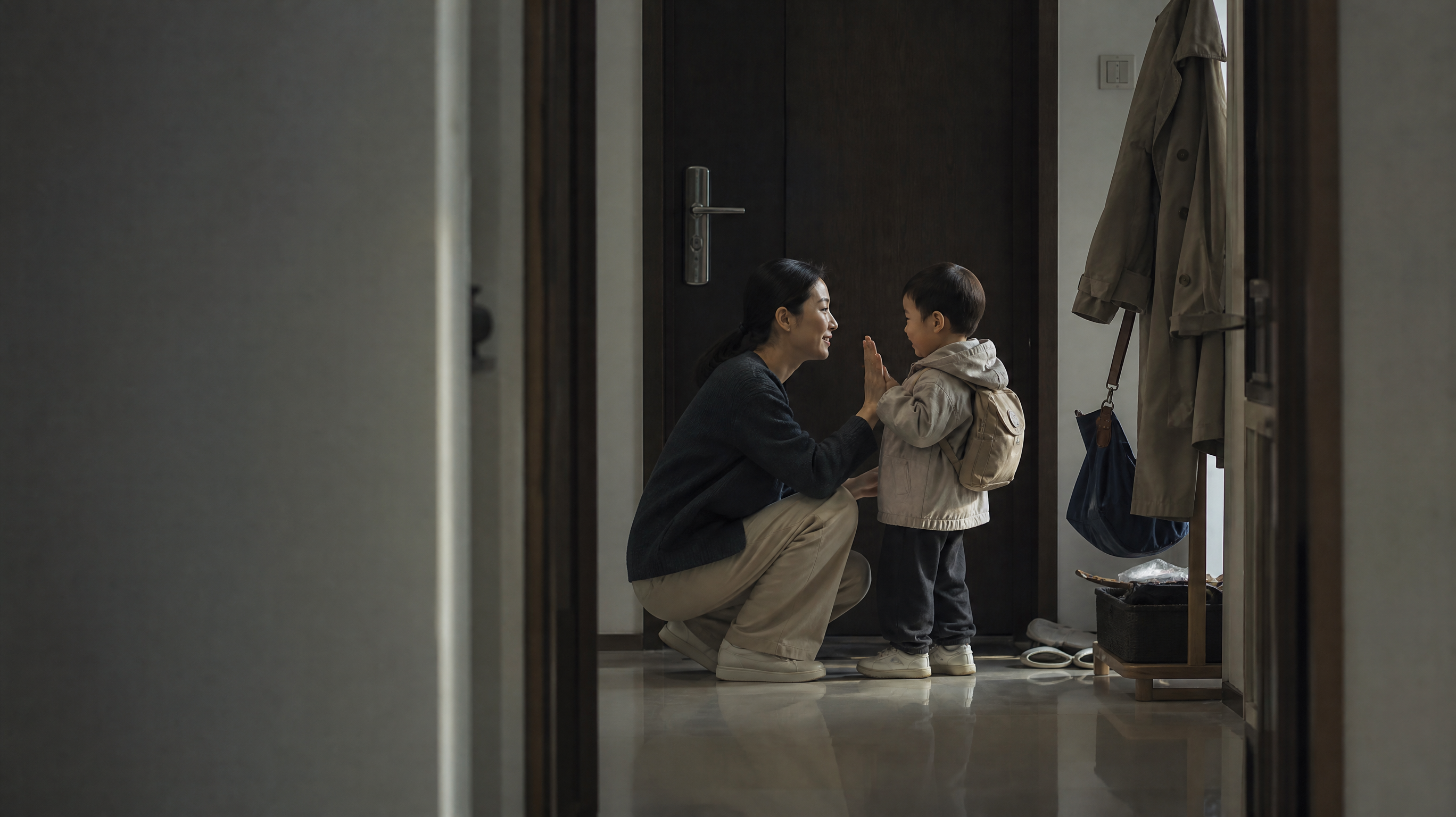 中国年轻妈妈在家门口与中国2岁左右幼儿进行告别仪式，妈妈蹲下与孩子平视，轻轻拥抱并做击掌动作，门口一