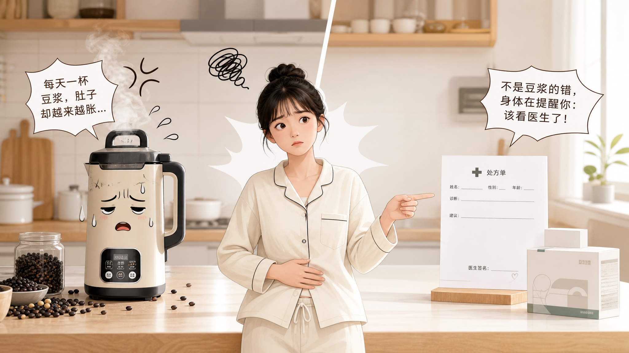 场景为中国家庭厨房的台面上,左侧是一台正在工作但显得“过劳”的豆浆机,右侧是一张整齐放置的医院处方单
