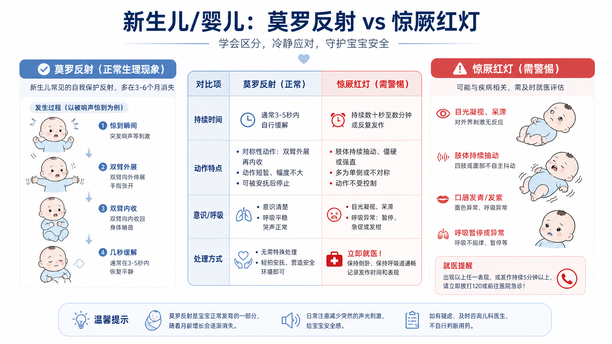一张冷静蓝白配色的信息图海报，画面分左右两栏对比“莫罗反射”和“惊厥红灯”，上方有简洁标题文字区域（