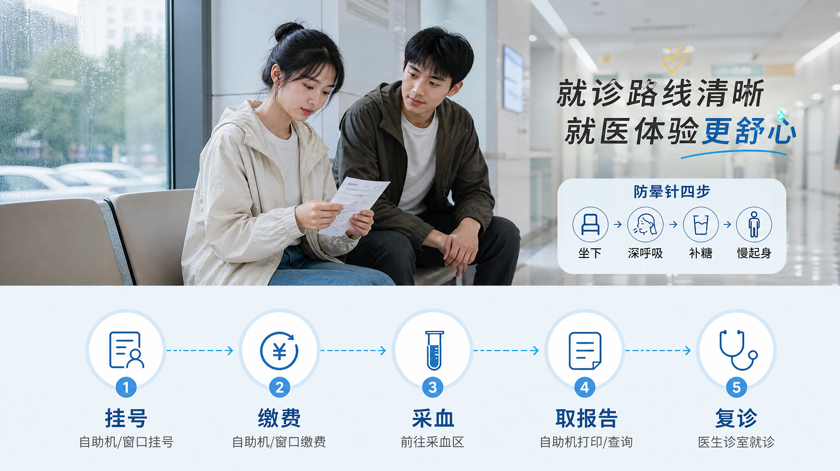 雨天抽血验孕不想晕：一条动线+四步防晕针