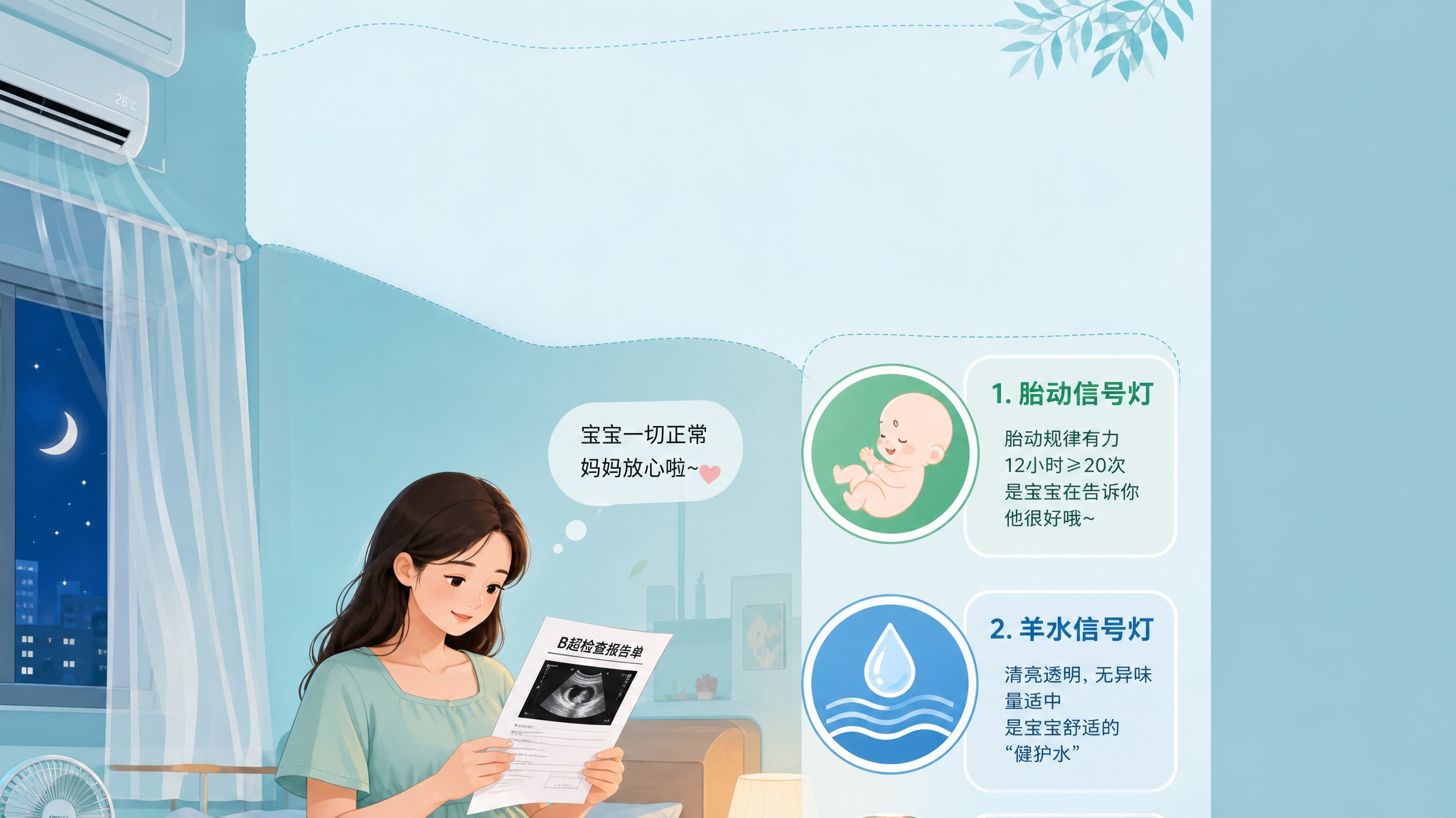 清爽蓝绿色调的科普插画风画面，中国孕晚期年轻孕妇坐在卧室床边，手里拿着B超报告单，表情从紧张转为平静