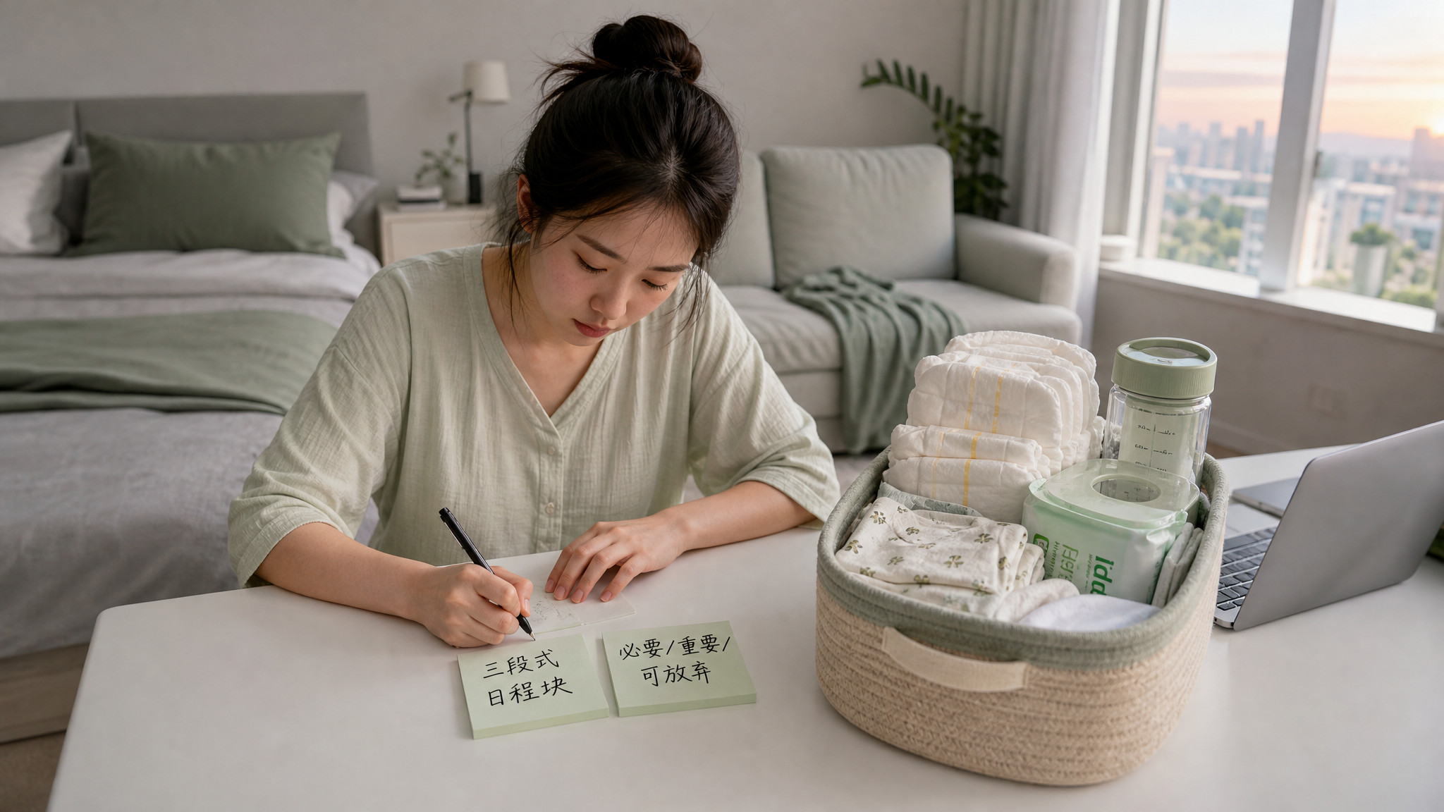 中国年轻产后妈妈在夏季家庭卧室/客厅一角，坐在简洁桌前用笔在便签纸上写“三段式日程块”和“必要/重要