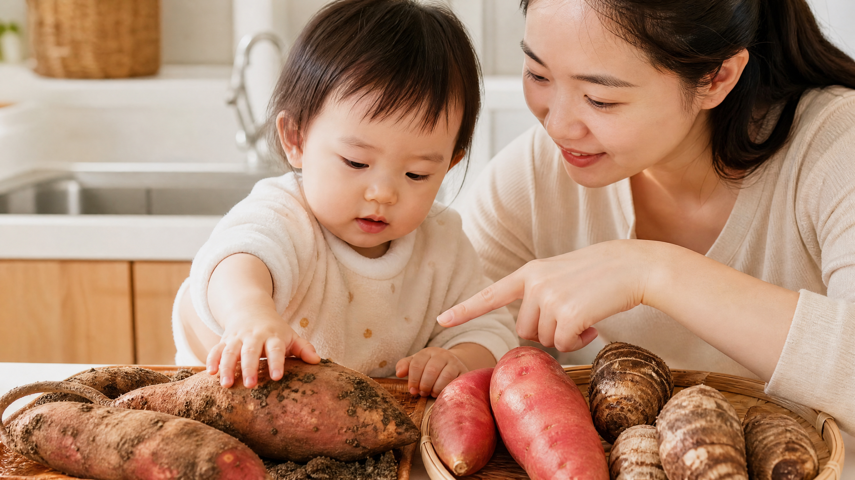 中国年轻妈妈在明亮干净的家庭厨房水槽旁，陪中国1-3岁幼儿进行触觉语言游戏，桌面上有一个带泥红薯和一