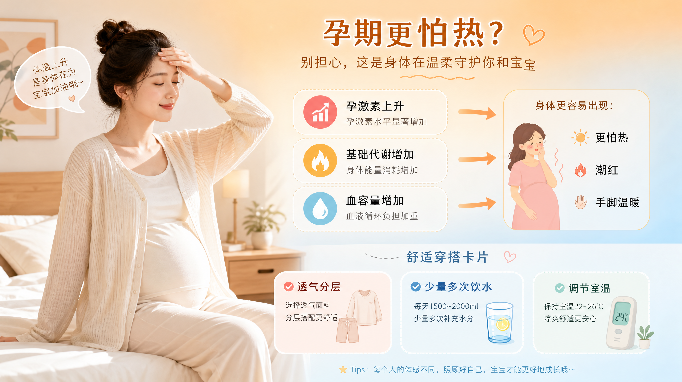 竖版信息图海报,场景为温馨卧室与简洁插画结合,中国孕妈(年轻、自然妆容)坐在床边,穿透气分层家居服,