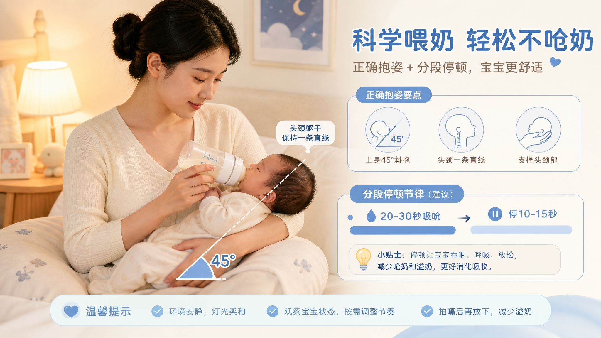 医学插画风格的育儿科普配图，场景为家庭卧室夜间柔和灯光下的喂奶情境，中国年轻妈妈（或爸爸）抱着中国新