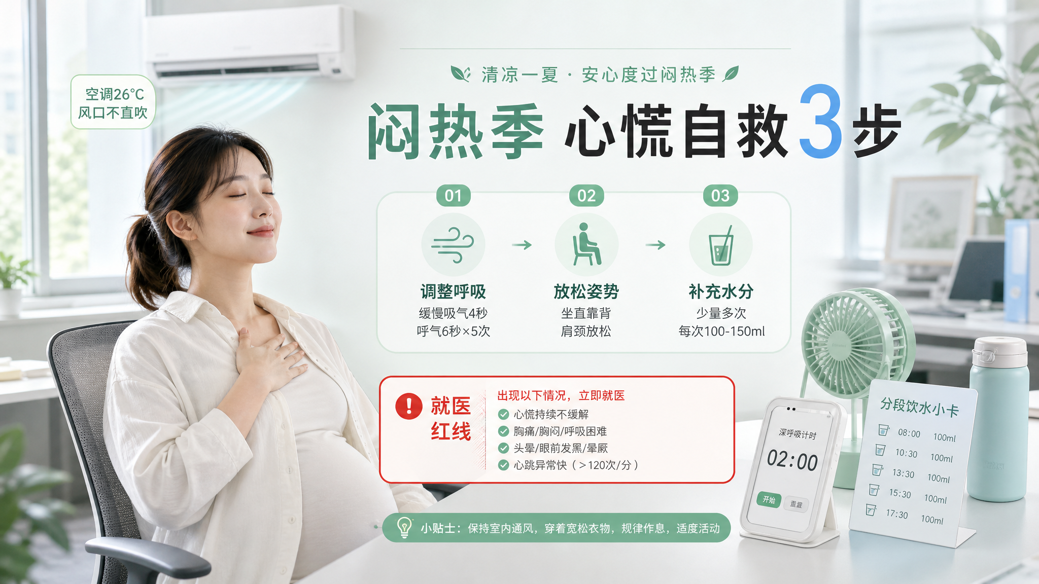 竖版信息卡海报风格，薄荷绿与浅蓝清凉配色；场景为明亮办公室一角与通勤元素的拼接画面（窗边办公桌、小风
