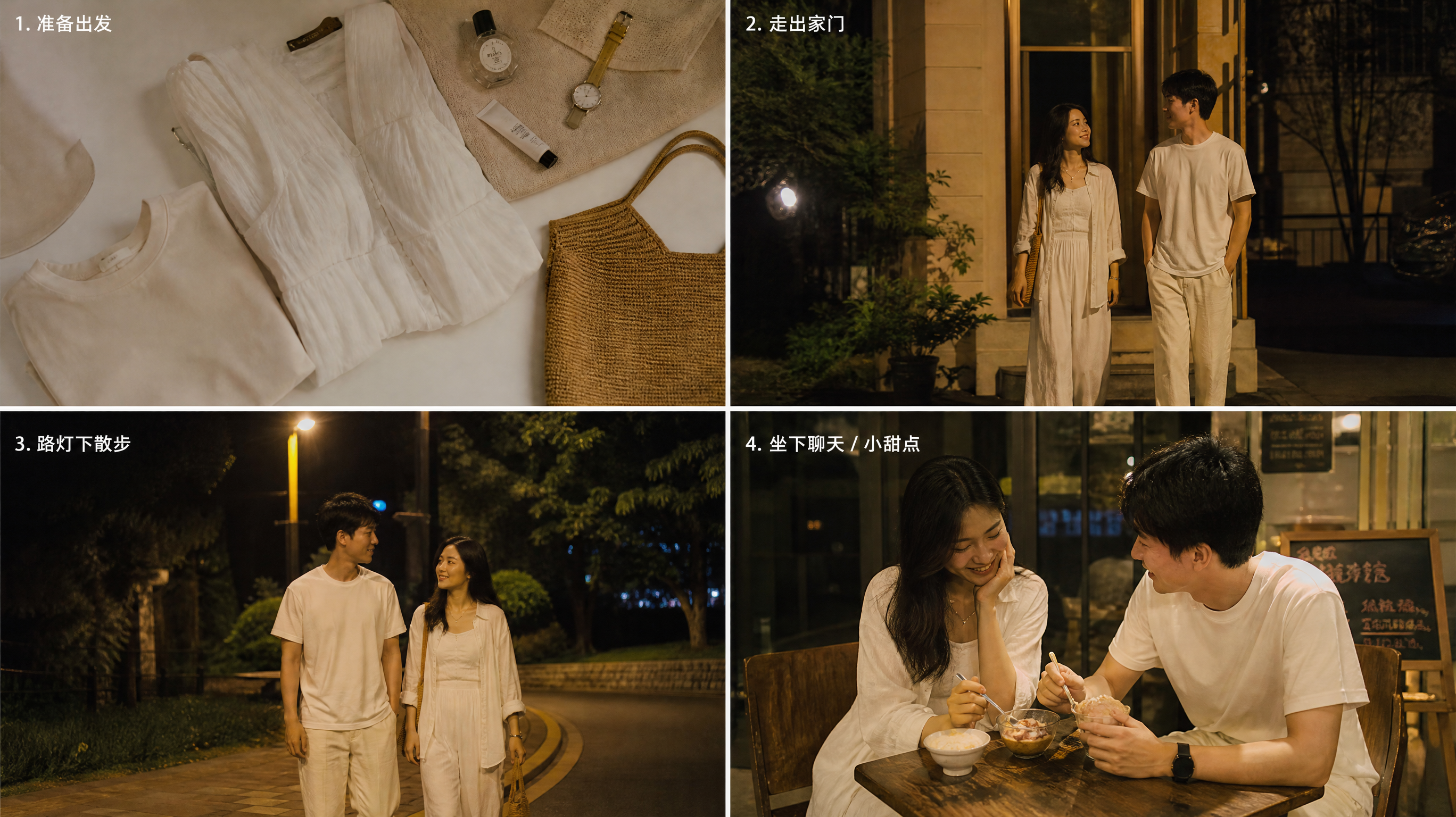中国年轻夫妻在夏夜饭后于社区附近散步的生活方式场景，人物穿白色轻薄穿搭（女方离体连身装或阔腿套装加薄