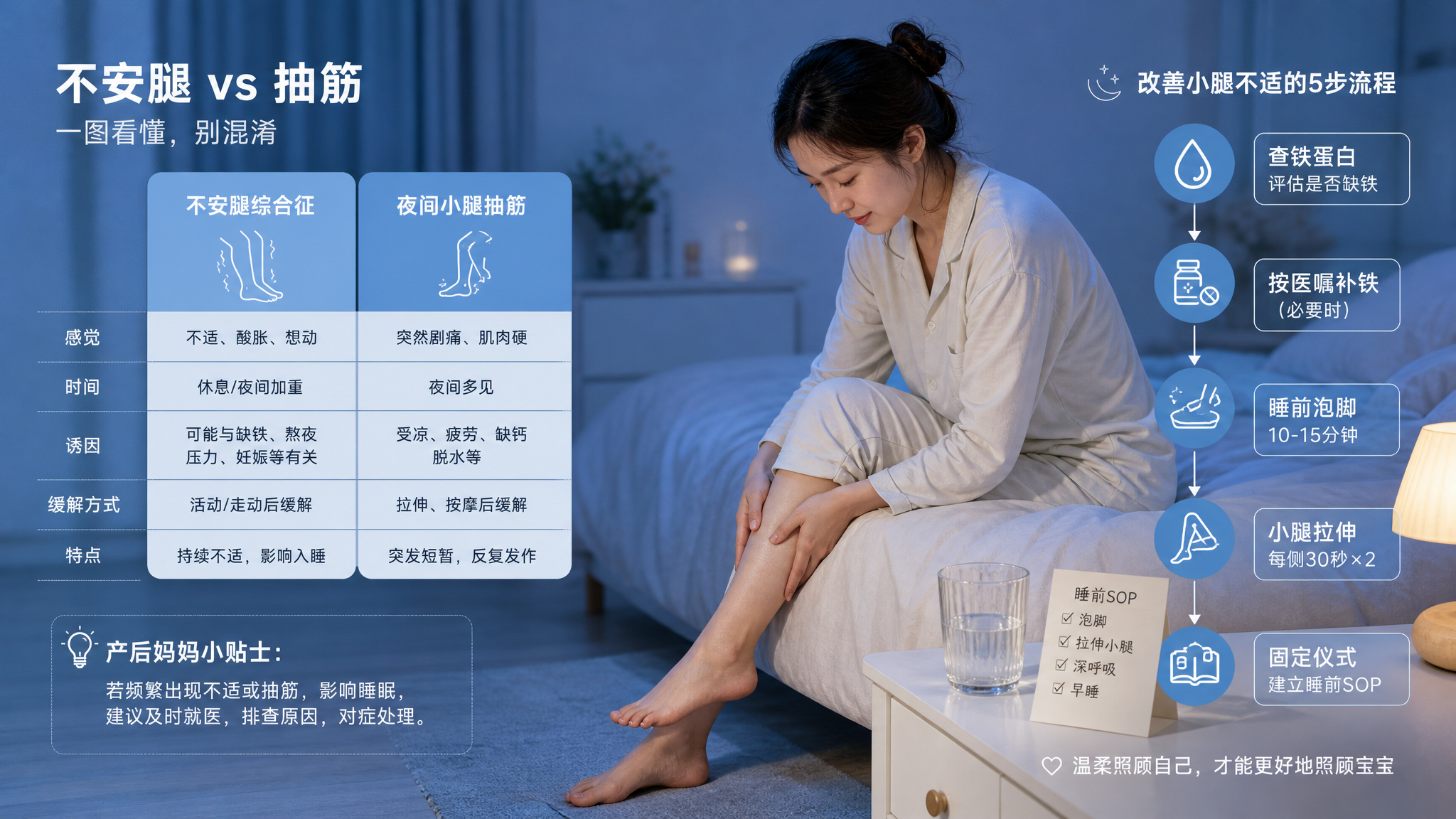 产后半夜腿里像虫爬必须动？多半是缺铁+睡眠碎片化