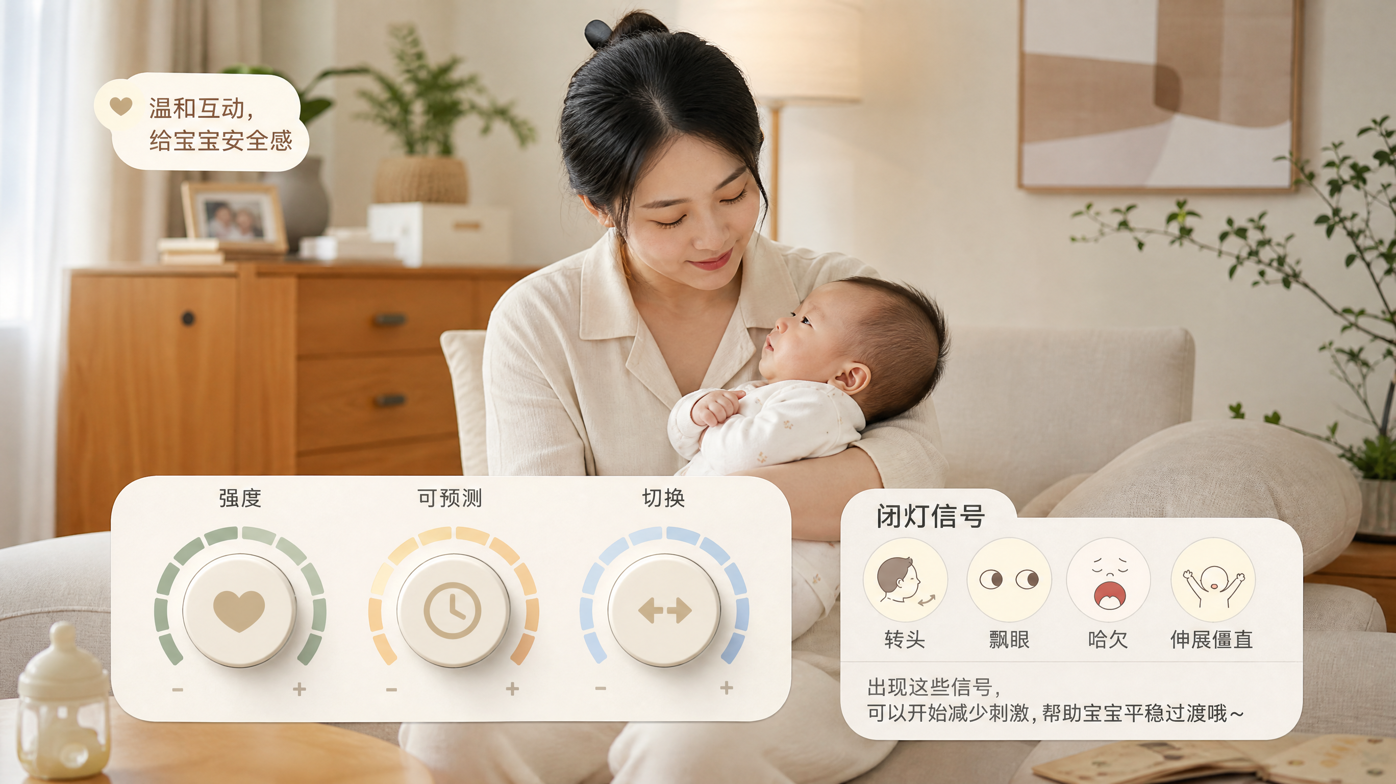中国年轻妈妈在温暖明亮的家庭客厅里，抱着中国小月龄宝宝做轻柔互动，画面前景有一个“仪表盘”概念插画元
