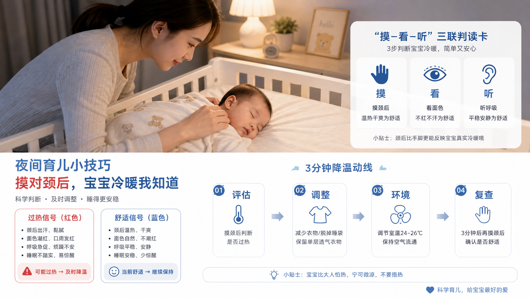 白底宣教单风格的信息图海报，场景为中国家庭卧室夜间育儿，画面主体是一位中国年轻妈妈轻轻用手触摸中国婴
