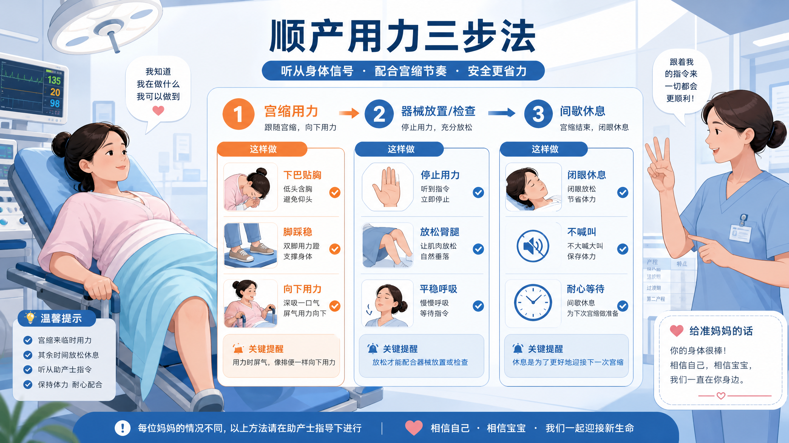 产房场景的科普插画信息图，中国产妇躺在产床上神态坚定但不紧张，旁边中国女接产人员用手势指令引导“宫缩用