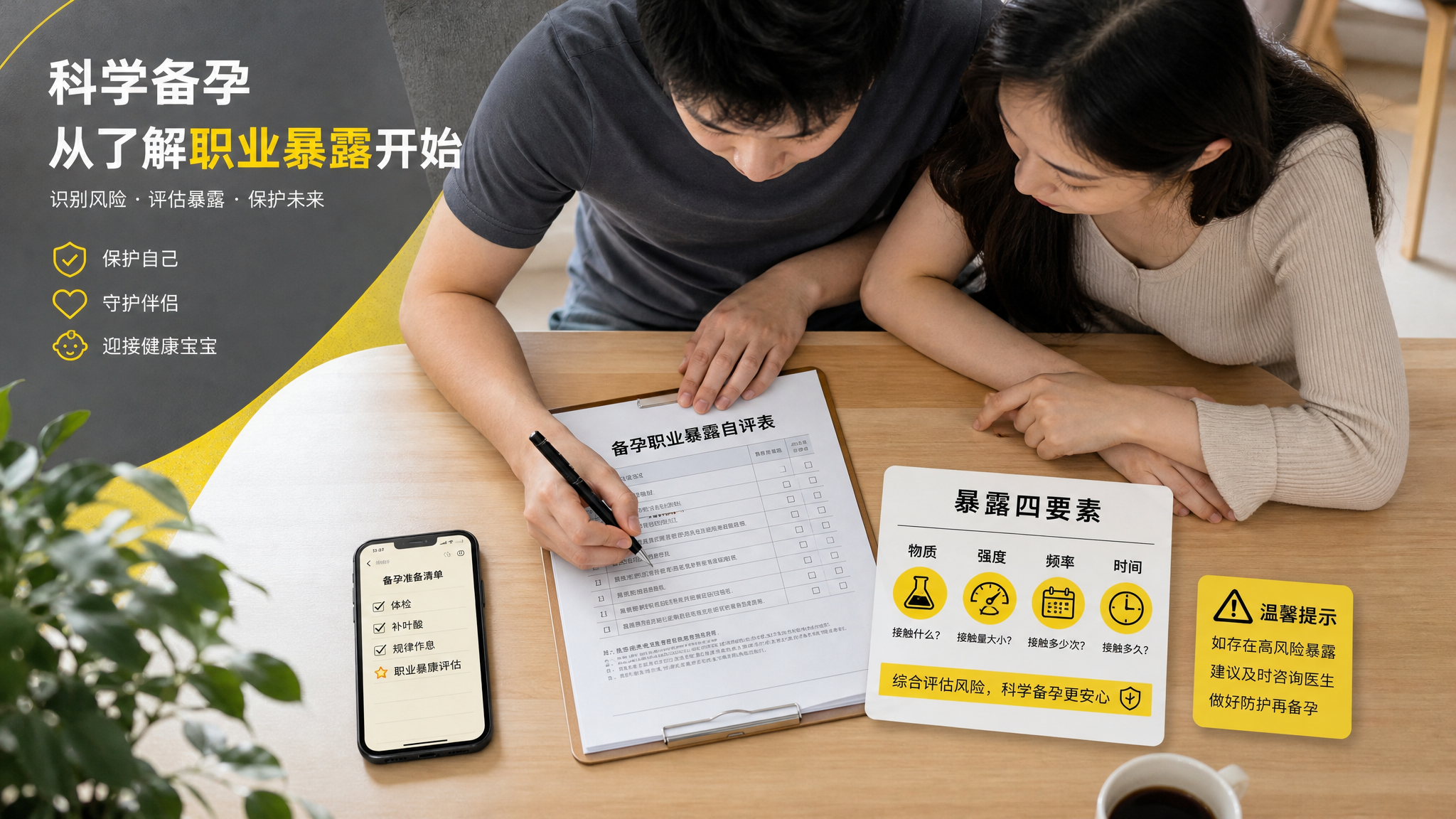 中国年轻夫妻在家中餐桌旁一起填写“备孕职业暴露自评表”,桌面上有打勾清单、笔、手机备忘录,画面中心是