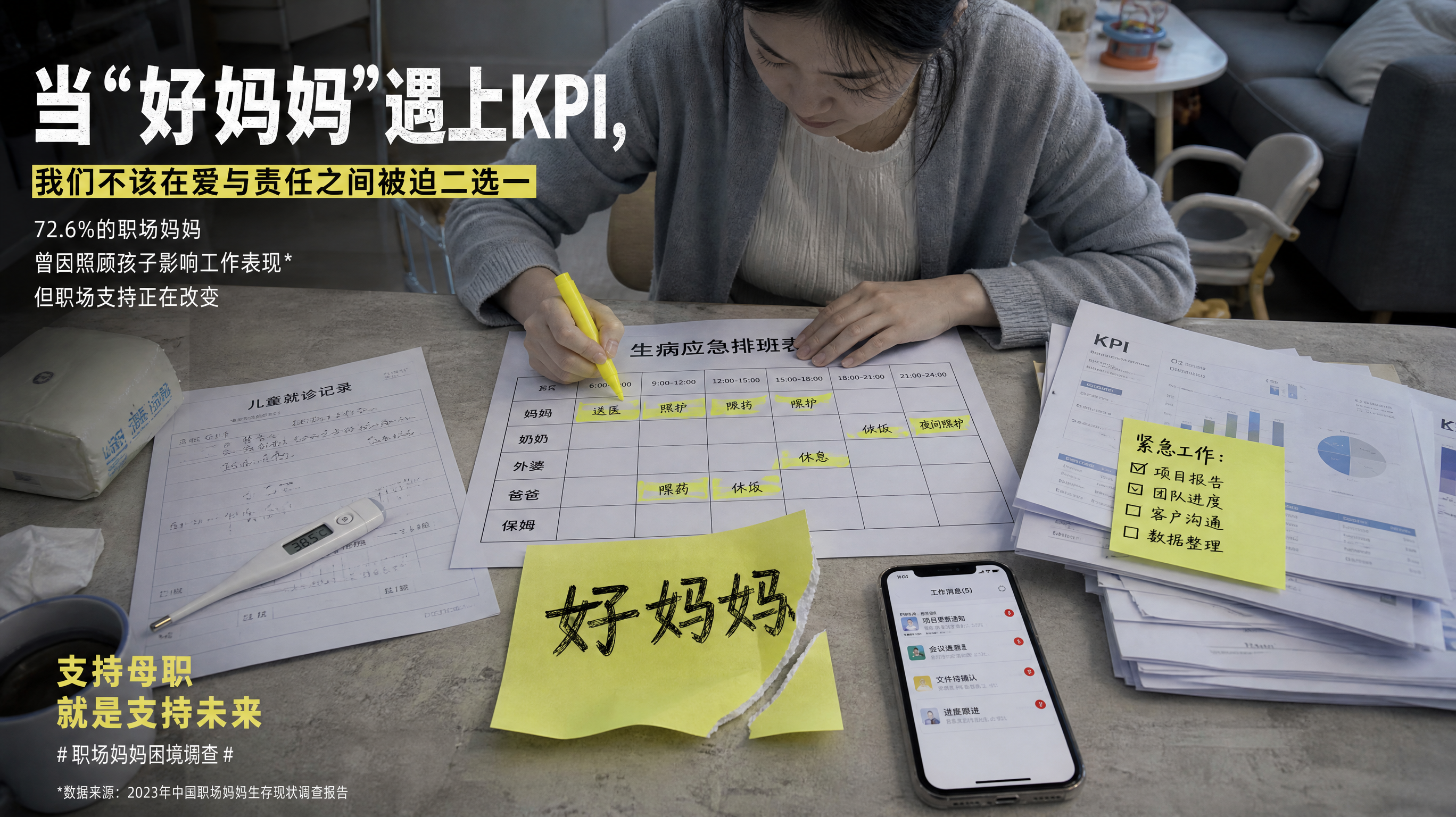 冷灰色调的桌面场景，中国年轻妈妈坐在餐桌前，左侧是孩子的病历单和体温计，右侧是印有KPI图表的工作文
