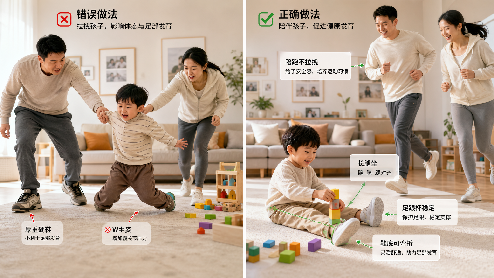 中国年轻父母与一名3-6岁中国幼儿在家中客厅地毯上互动教学，画面采用左右并排对比构图：左侧展示错误姿