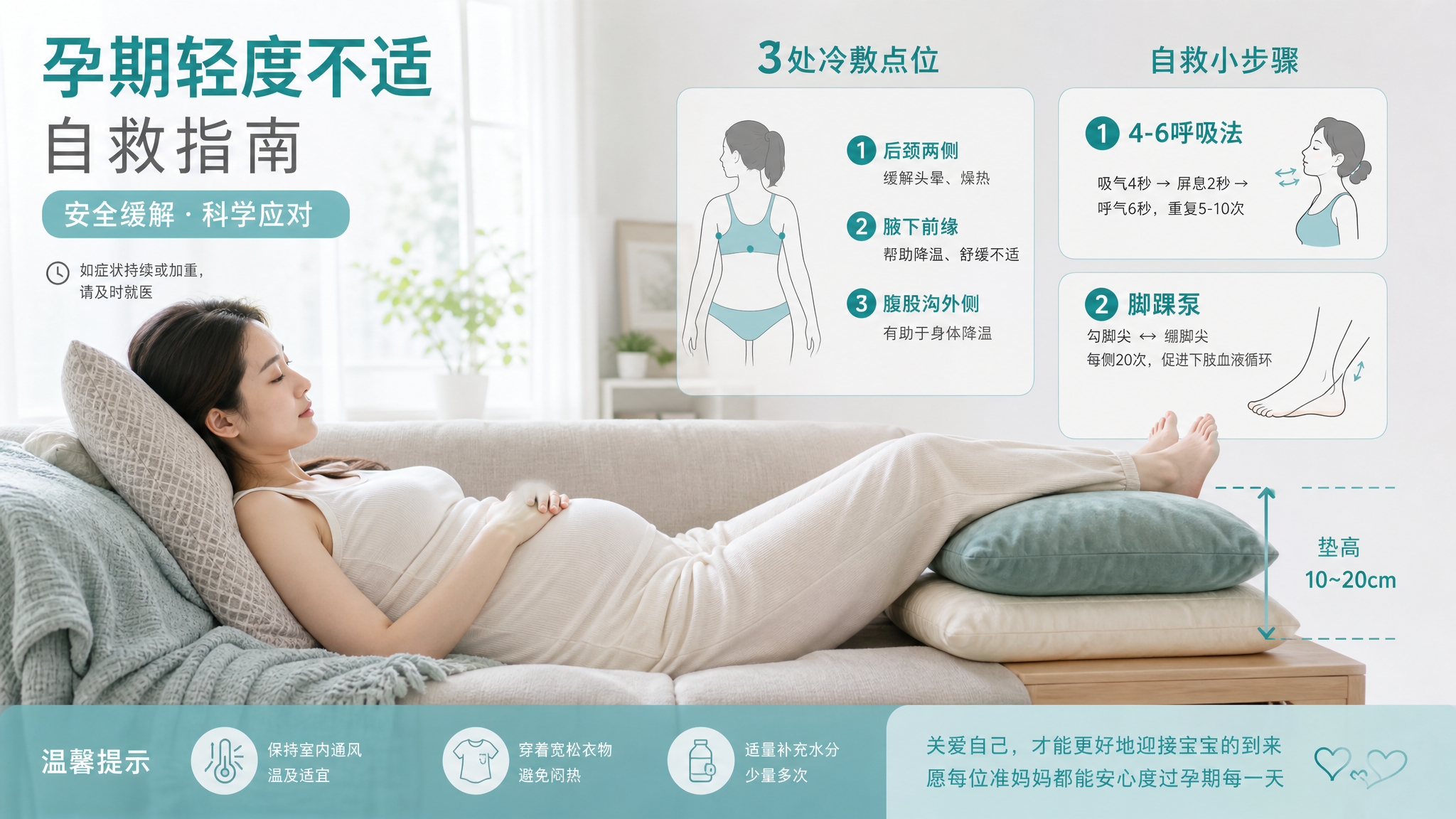 中国孕妇在室内（办公室休息区/家中客厅）出现轻度不适的场景，人物为中国年轻孕妈，表情略紧张但可控，正