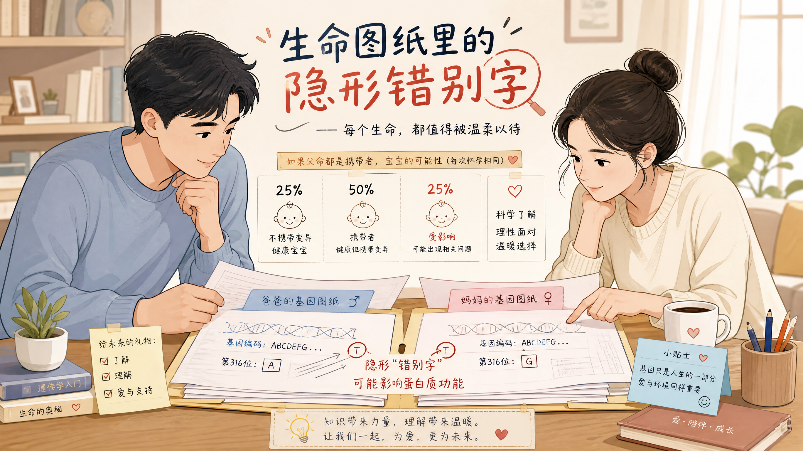 以“生命图纸里的隐形错别字”为主题的科普插画，场景为明亮干净的书桌上摊开两份“图纸”文件夹（象征夫妻
