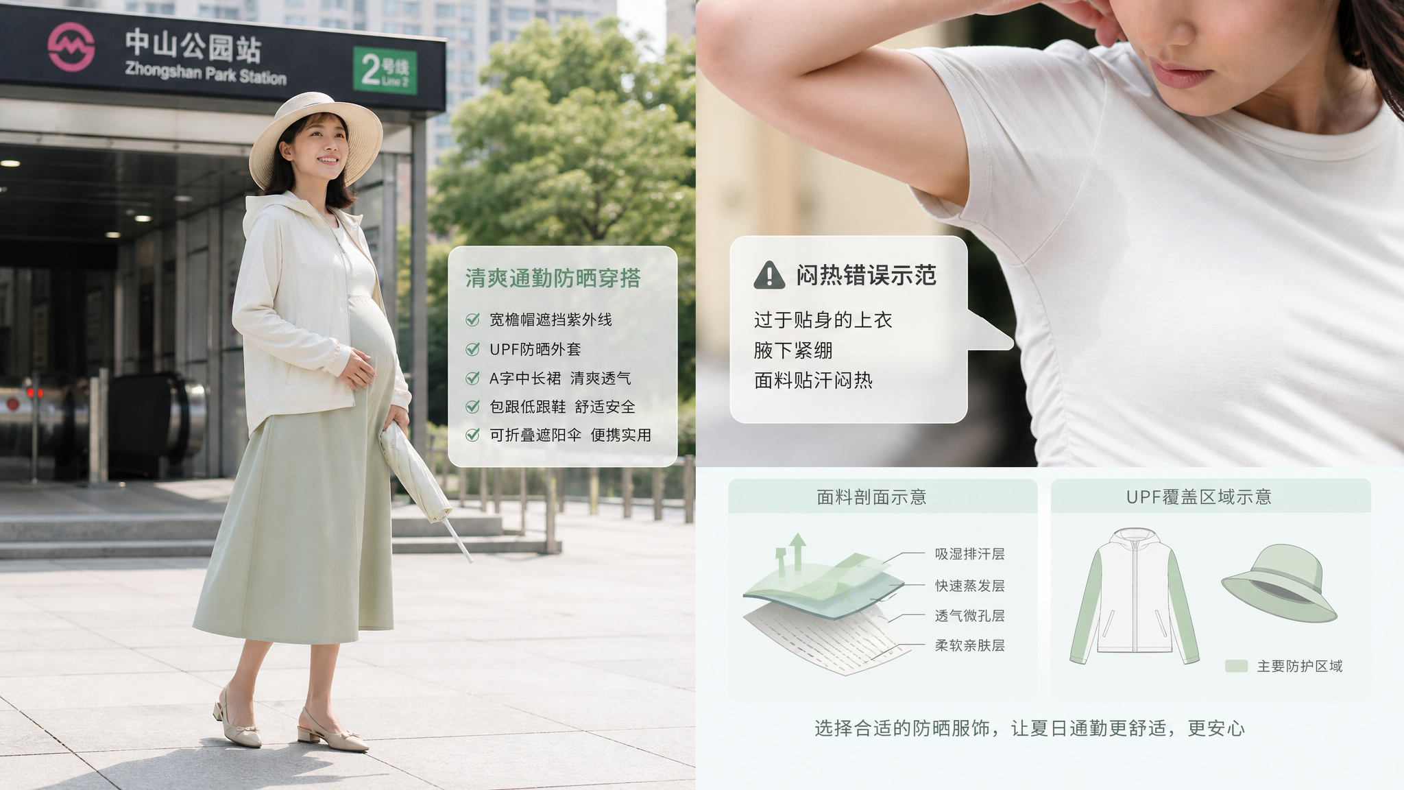 中国孕妈妈夏季通勤穿搭对比场景，画面左右拼图构图：左侧为“清爽通勤防晒穿搭”——中国孕妈戴宽檐帽，穿