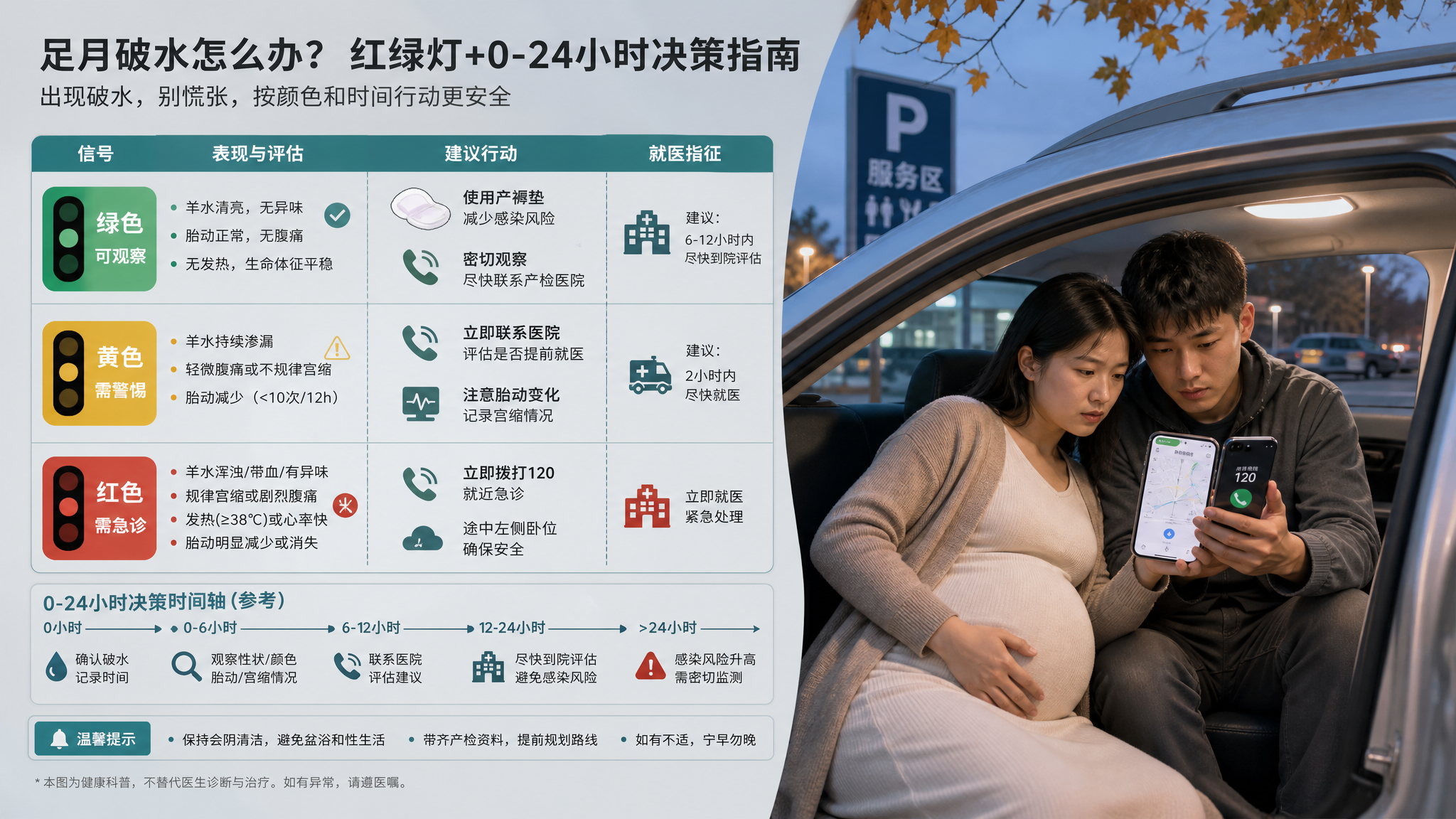 冷灰色与蒂芙尼蓝配色的医学科普信息图海报风格，画面主体是一张“足月破水红绿灯+0-24小时决策时间轴