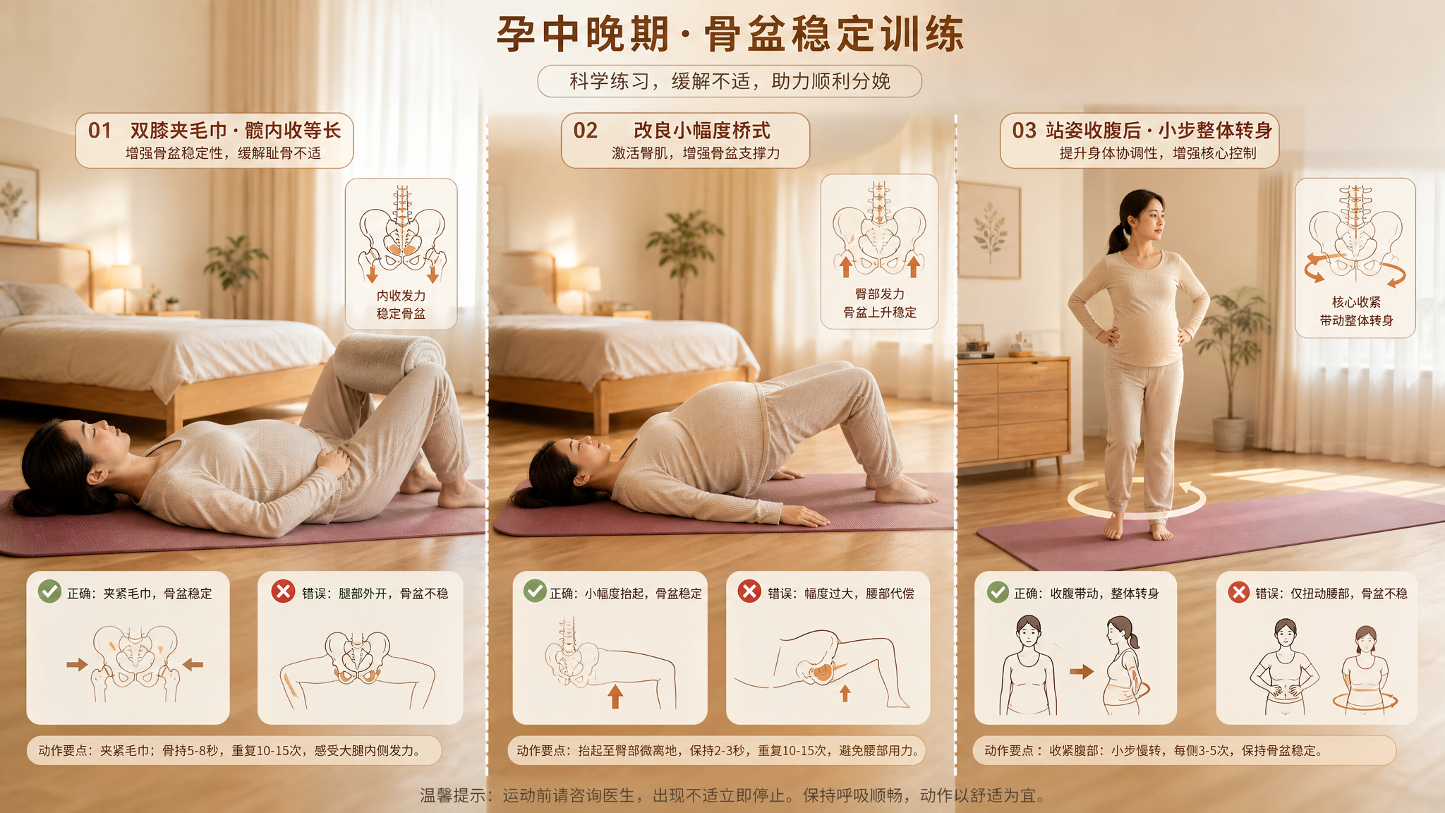 孕期耻骨痛走路小碎步？3个稳定动作缓解翻身上下车痛