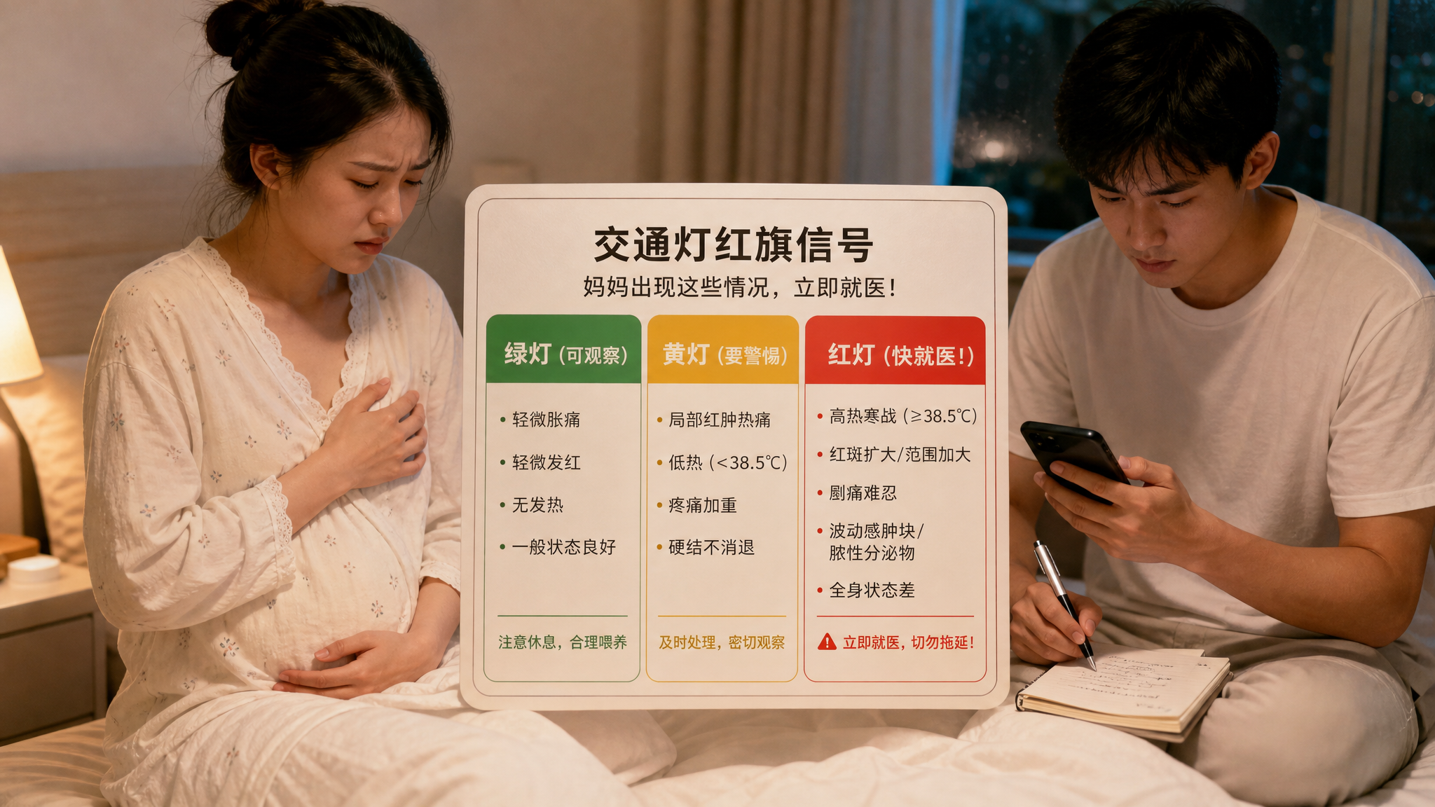 中国年轻产后妈妈坐在卧室床边，手扶着胸前不适位置，表情克制但明显难受；旁边中国年轻爸爸拿着手机和纸笔