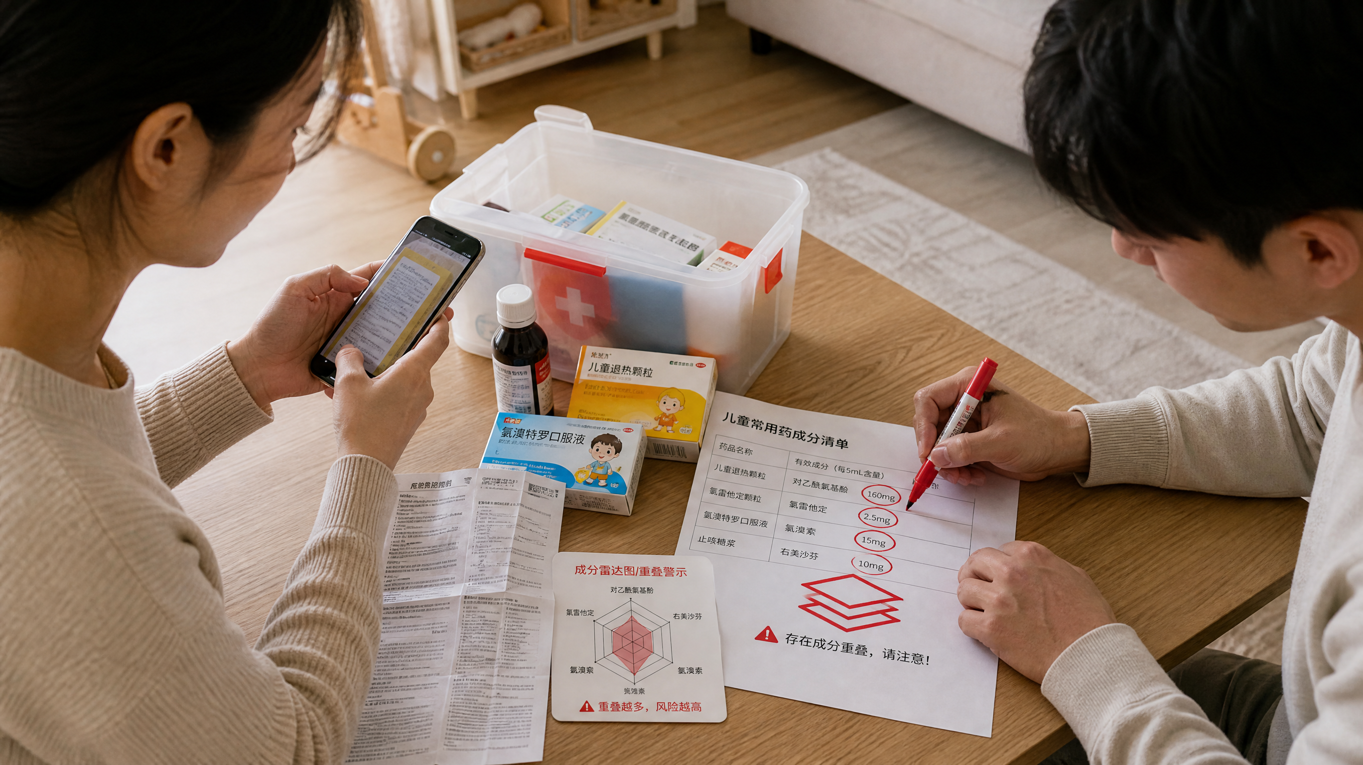 中国年轻父母在家中餐桌前整理儿童药箱，桌面摆放几盒儿童退烧药、过敏药、止咳糖浆与说明书，妈妈用手机拍