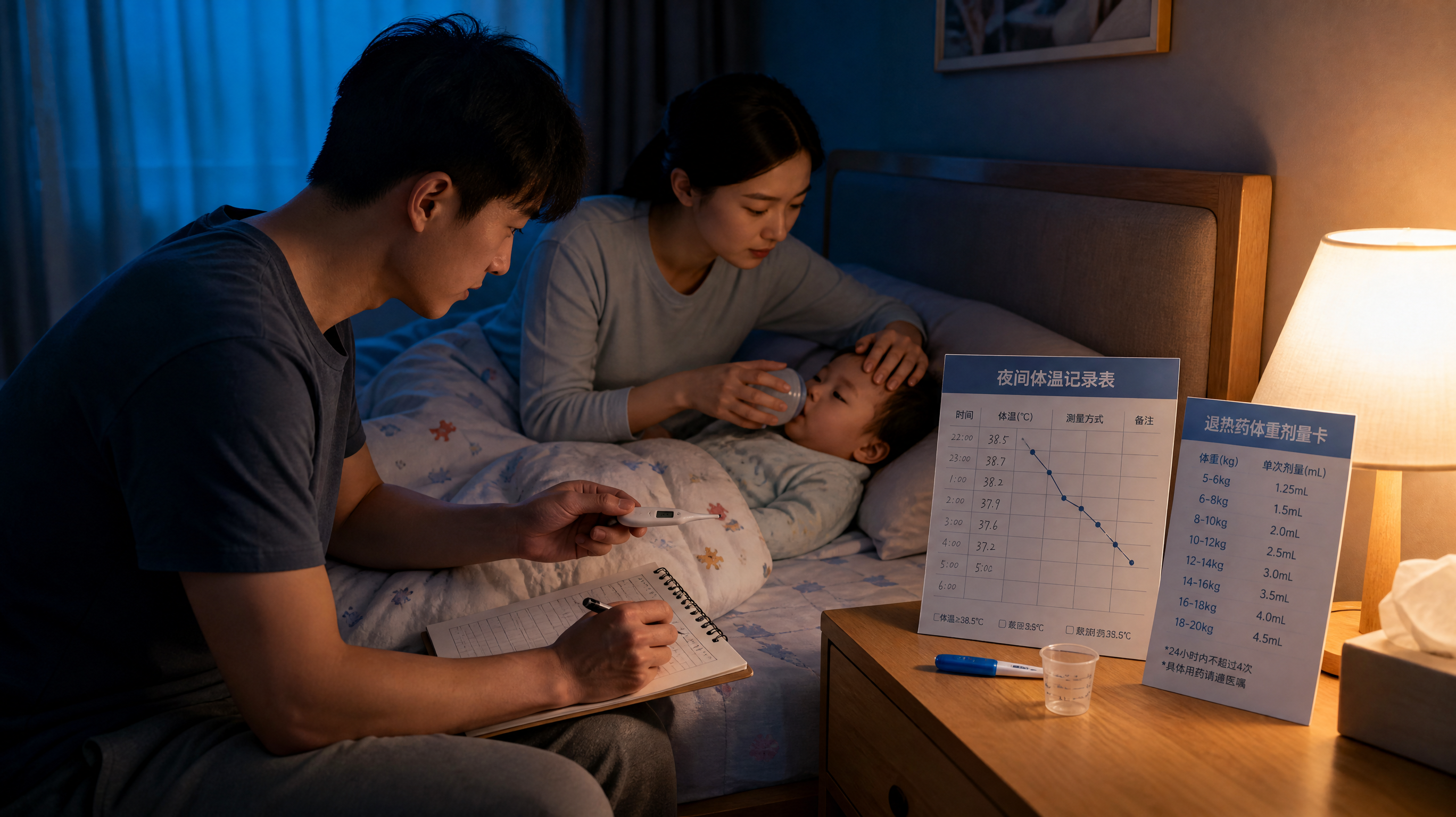 中国年轻父母在卧室夜间照顾发热的中国婴幼儿，场景为深蓝色夜色氛围的温馨卧室，床头暖色小夜灯照明；爸爸