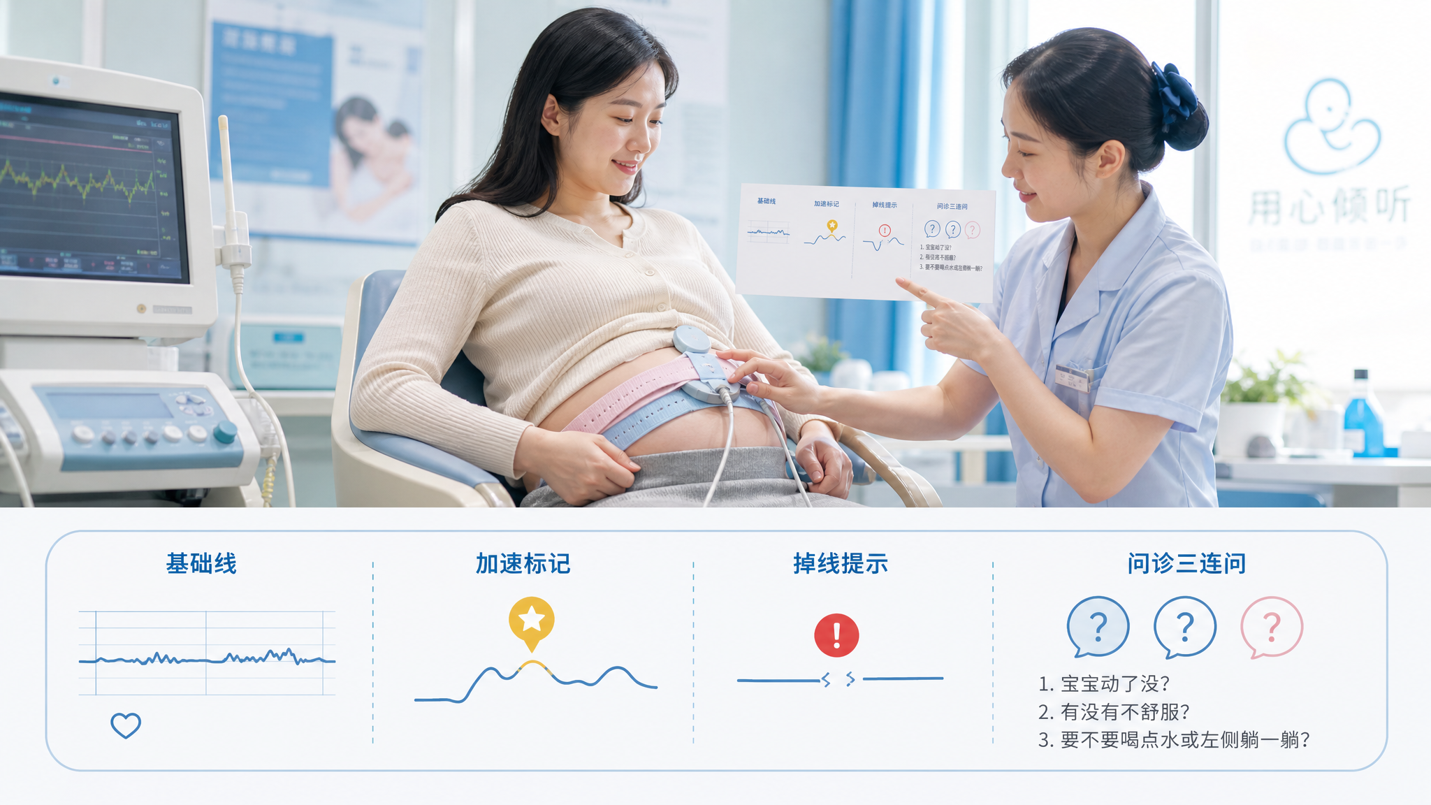 产科门诊胎心监护室场景，中国孕晚期孕妈坐在椅子上做胎监，肚子上绑着胎心监护带，中国年轻护士在旁边调整