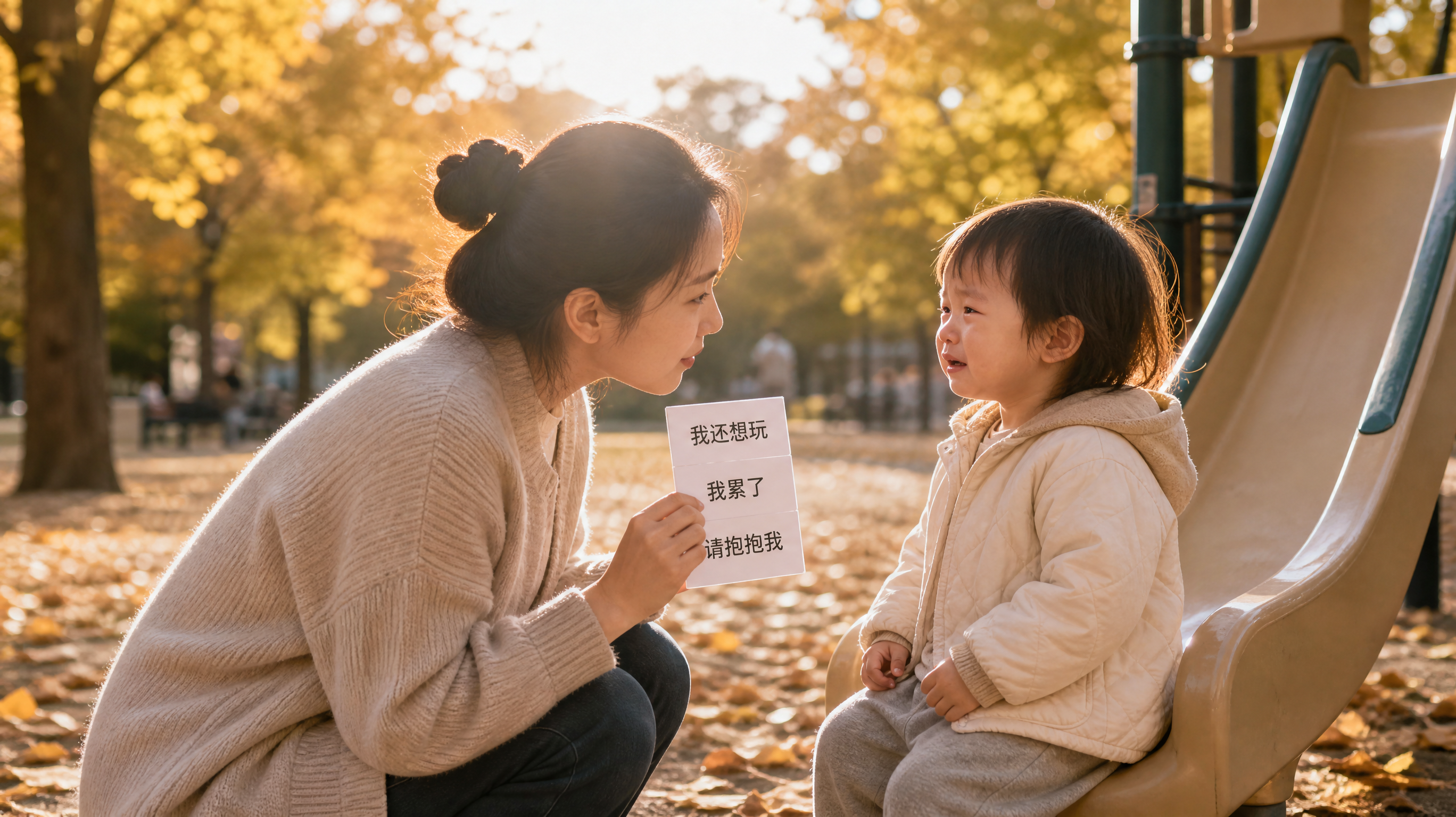 秋日公园暖阳场景，中国年轻妈妈与中国1-3岁幼儿在滑梯旁，妈妈蹲下与孩子平视交流，手里拿着简洁的“情