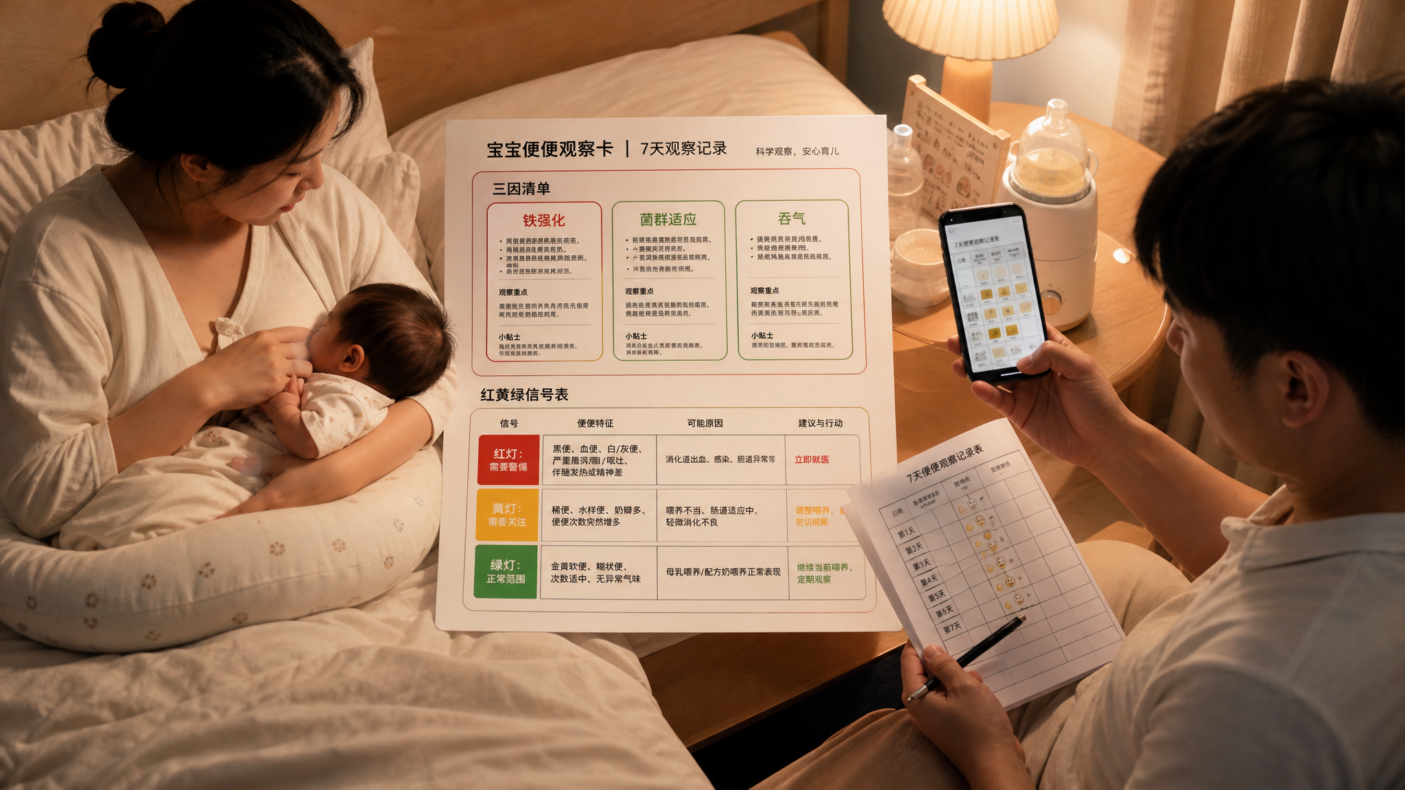 中国年轻父母在卧室夜间柔和灯光下照顾新生儿，妈妈抱着中国新生儿喂奶，爸爸在一旁拿着记录表做7天观察记