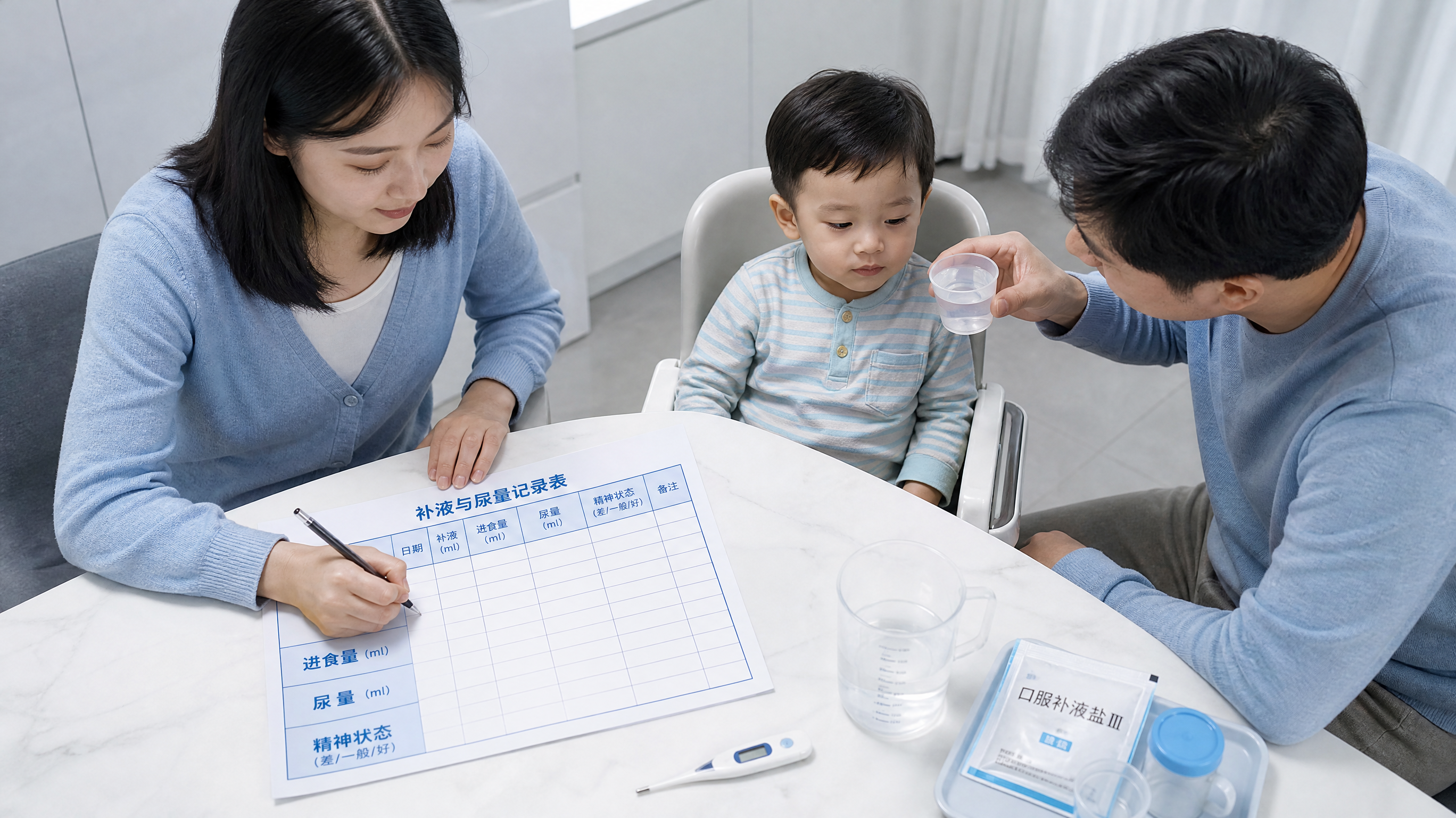 中国年轻妈妈与中国年轻爸爸在家中餐桌旁照顾一位中国幼儿，桌上放着“补液与尿量记录表”纸张、体温计、量