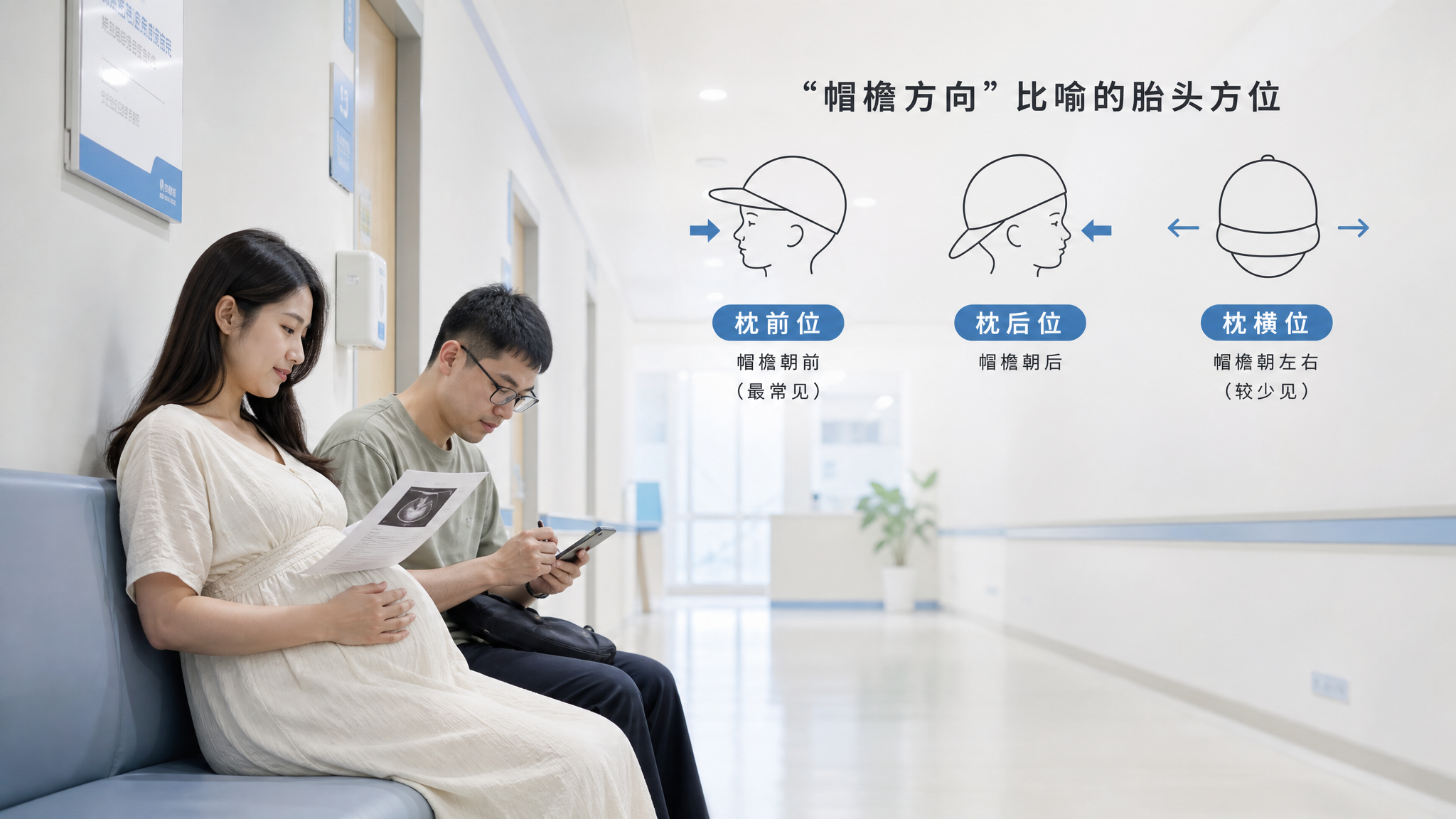 中国孕晚期年轻准妈妈在医院产检走廊的座椅上，手里拿着一张B超报告单，旁边中国年轻准爸爸低头在手机备忘
