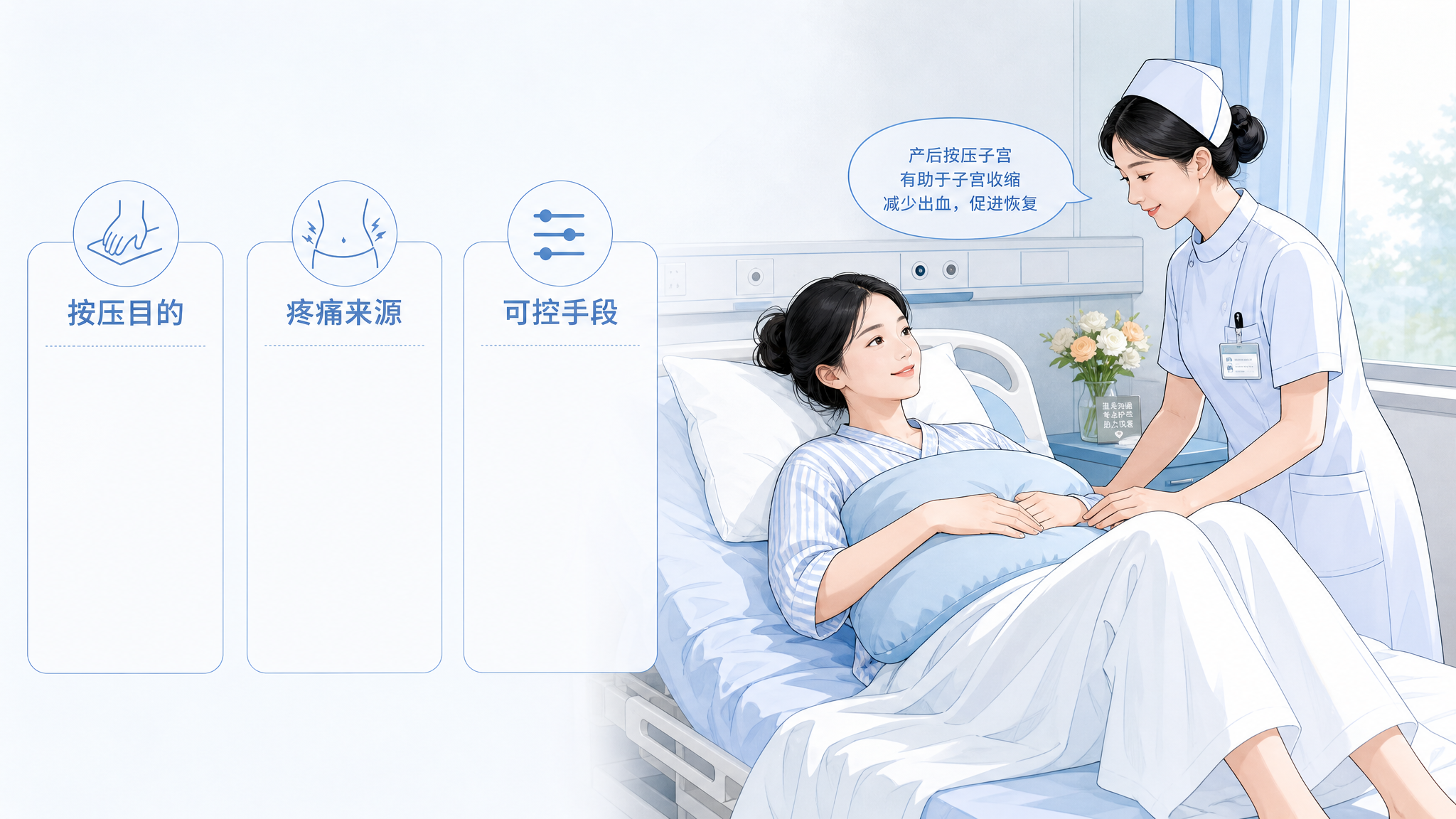 医院产科病房场景，中国年轻产妇术后躺在病床上，膝盖微屈，怀里抱着枕头以减轻腹部牵拉，一位中国女护士在