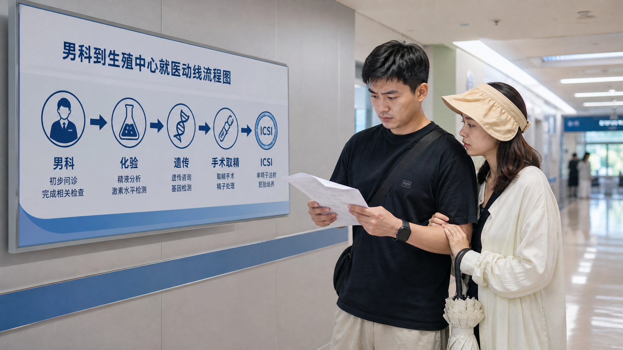 中国年轻夫妻在医院走廊的导诊区查看一张“男科到生殖中心就医动线流程图”海报,男性手持检查单,女性轻扶