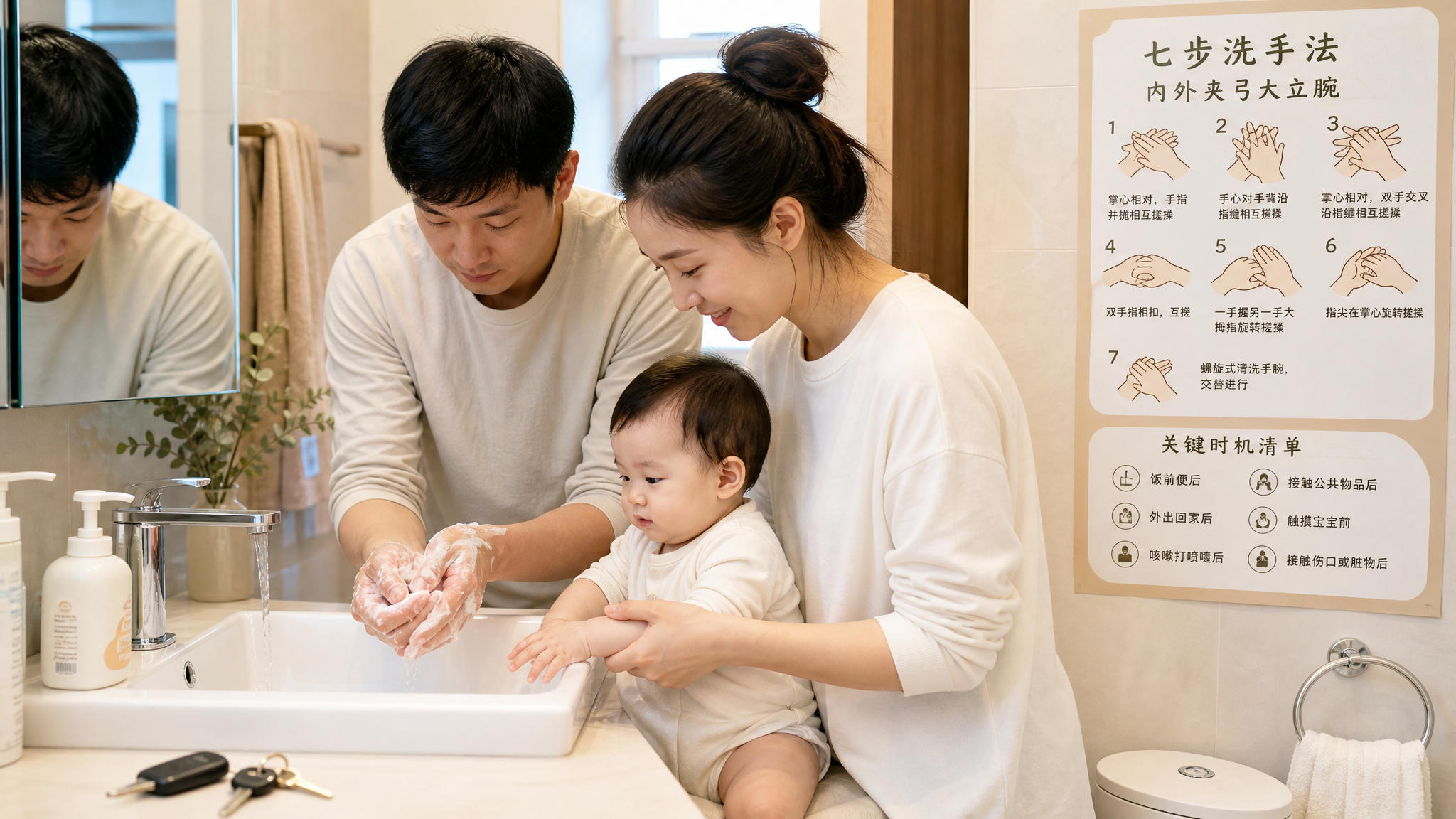 中国年轻父母在家中卫生间给中国婴儿（约10个月，会坐）洗手的生活场景，爸爸刚回家把钥匙放在台面上正在