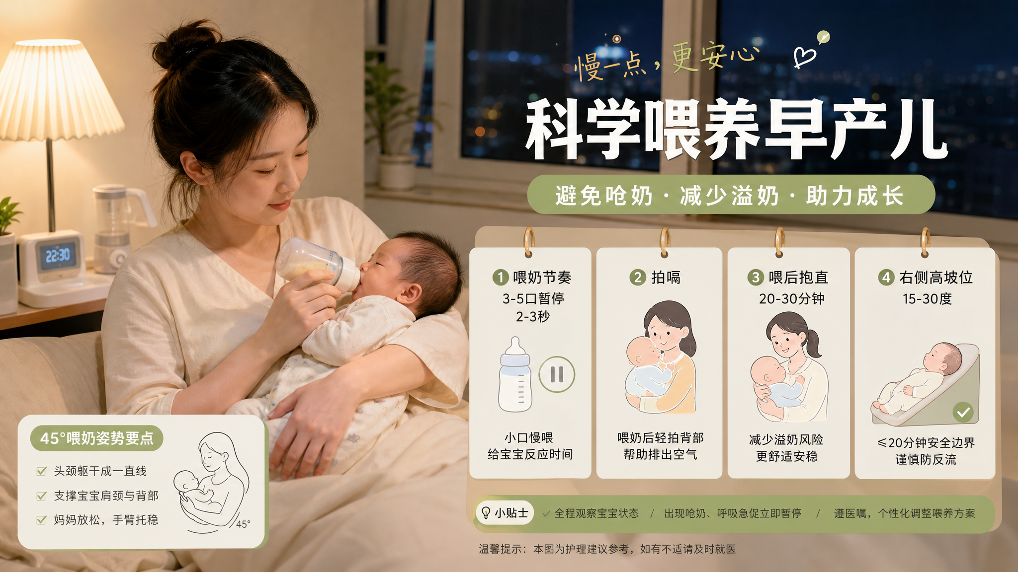 中国年轻妈妈在夏季夜晚的卧室/育儿角落,怀抱一位中国早产儿进行瓶喂,宝宝呈45度半侧卧姿势,头颈躯干