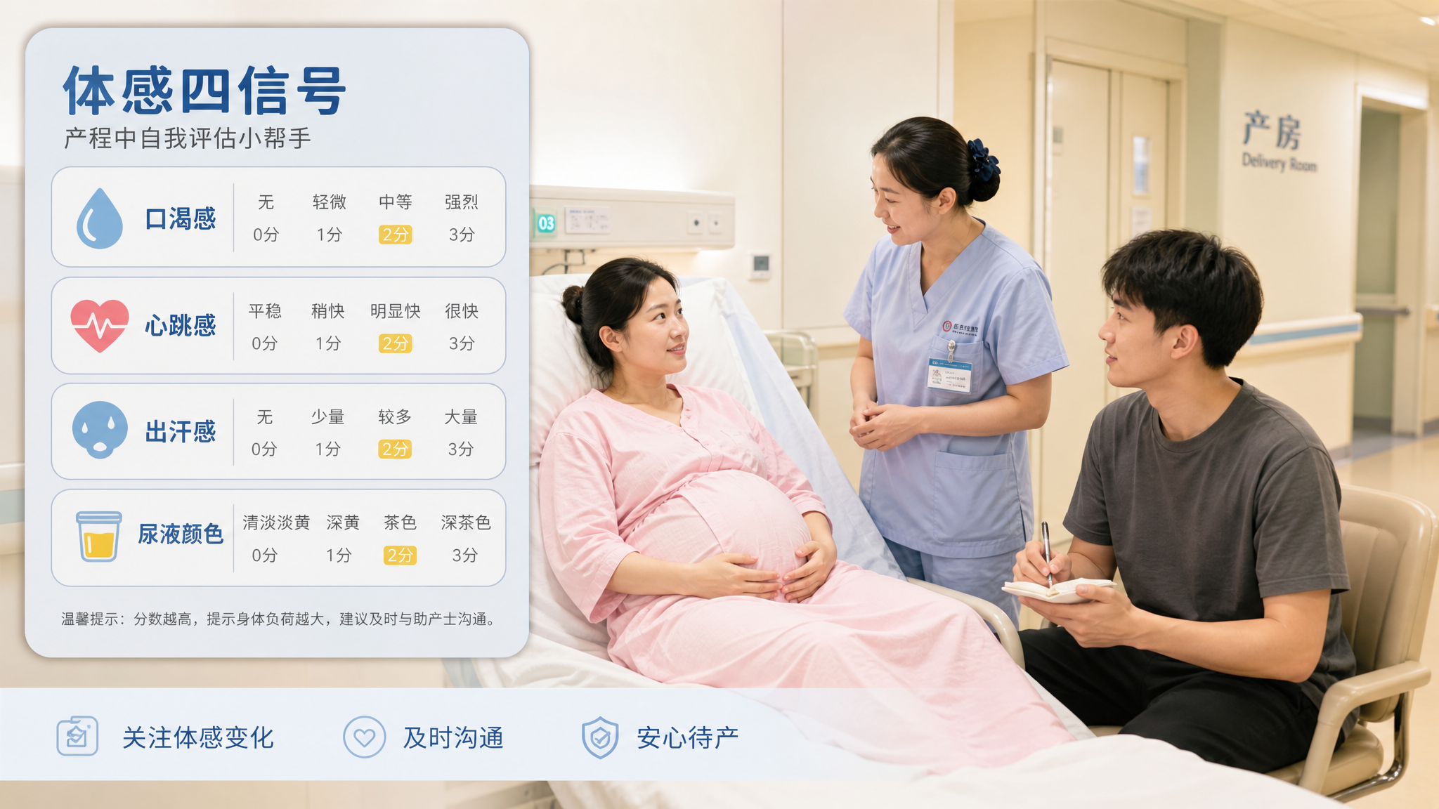 产房走廊旁的安静待产环境，中国孕晚期产妇坐在病床边或靠枕半坐位休息，中国年轻准爸爸手持小本子记录，旁