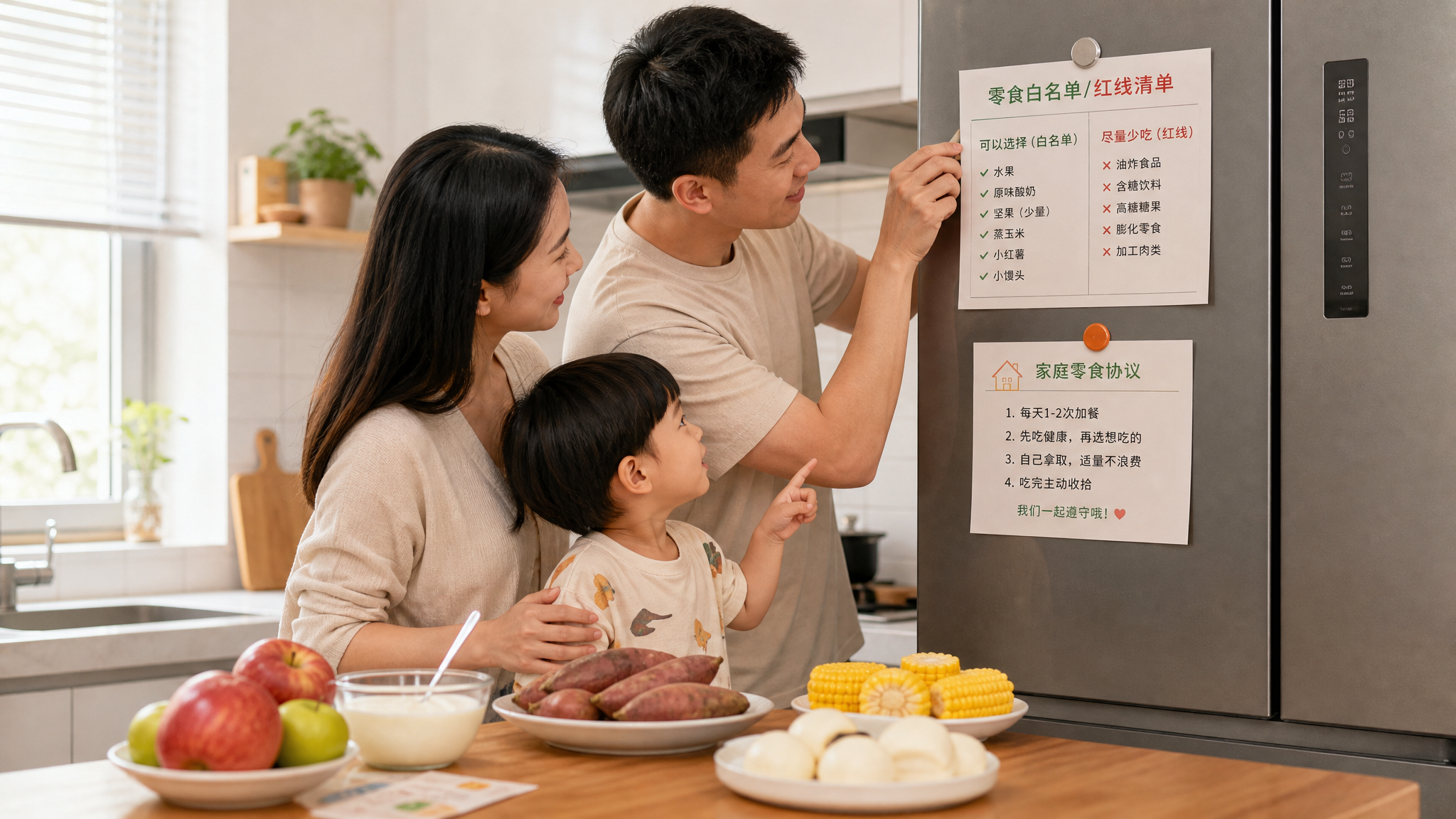 中国年轻父母在家庭厨房冰箱前制定儿童零食规则的生活场景，爸爸把“零食白名单/红线清单”和“家庭零食协
