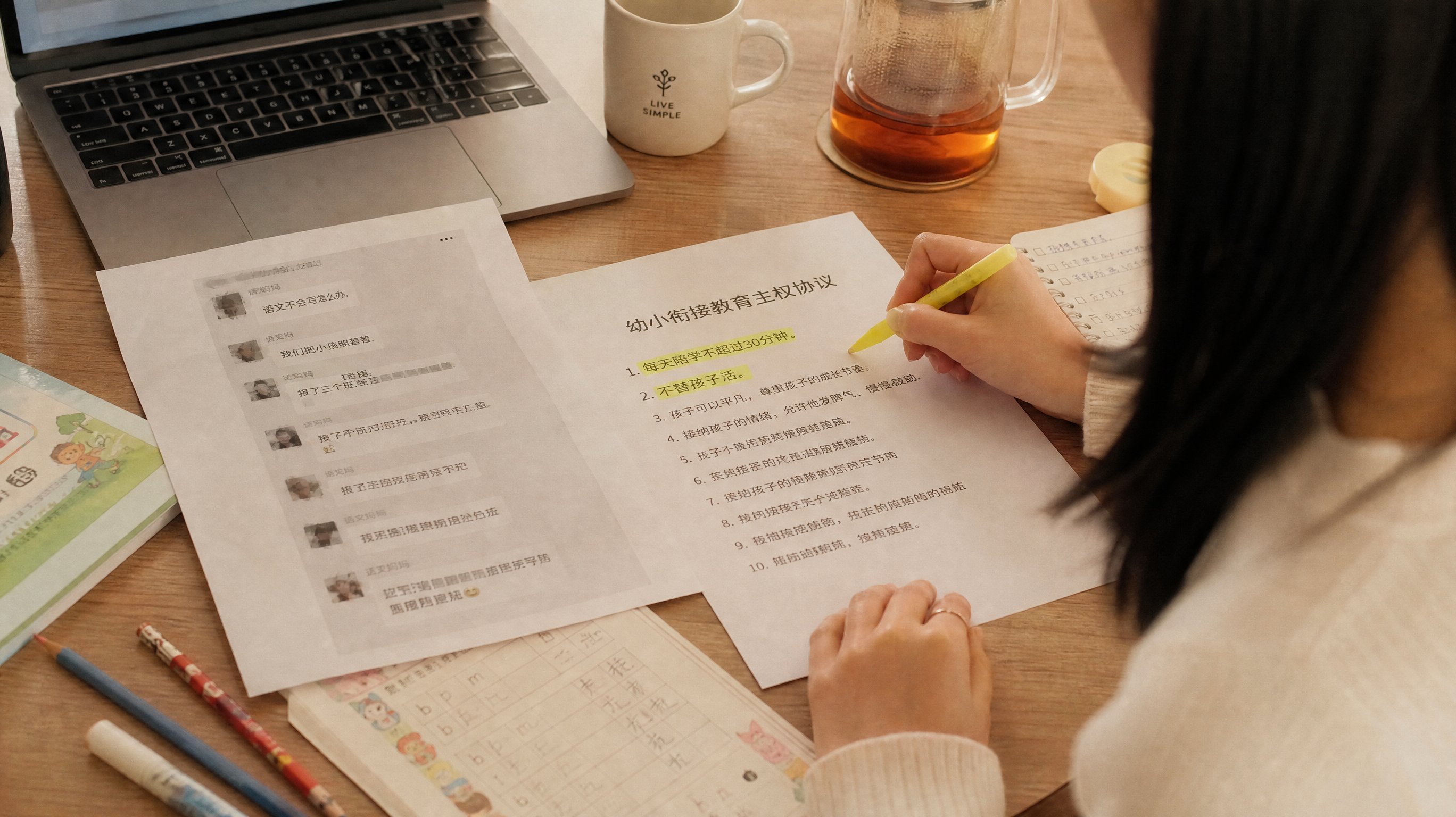 中国年轻妈妈在家中餐桌前，正在用荧光笔在一份“幼小衔接教育主权协议”纸张上圈出“每天陪学不超过30分