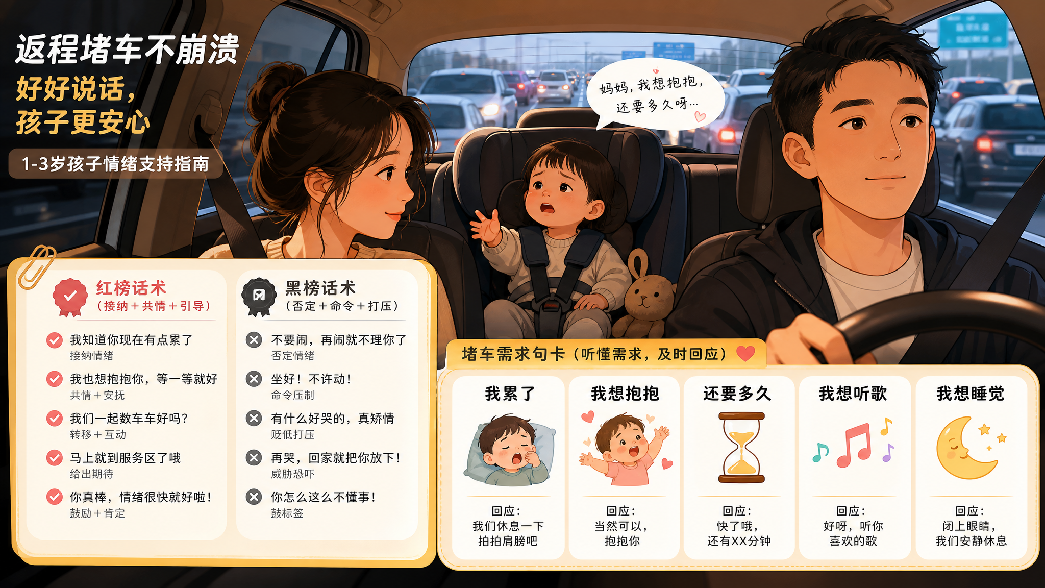 堵车别再塞零食：5句需求句让娃少哭一半