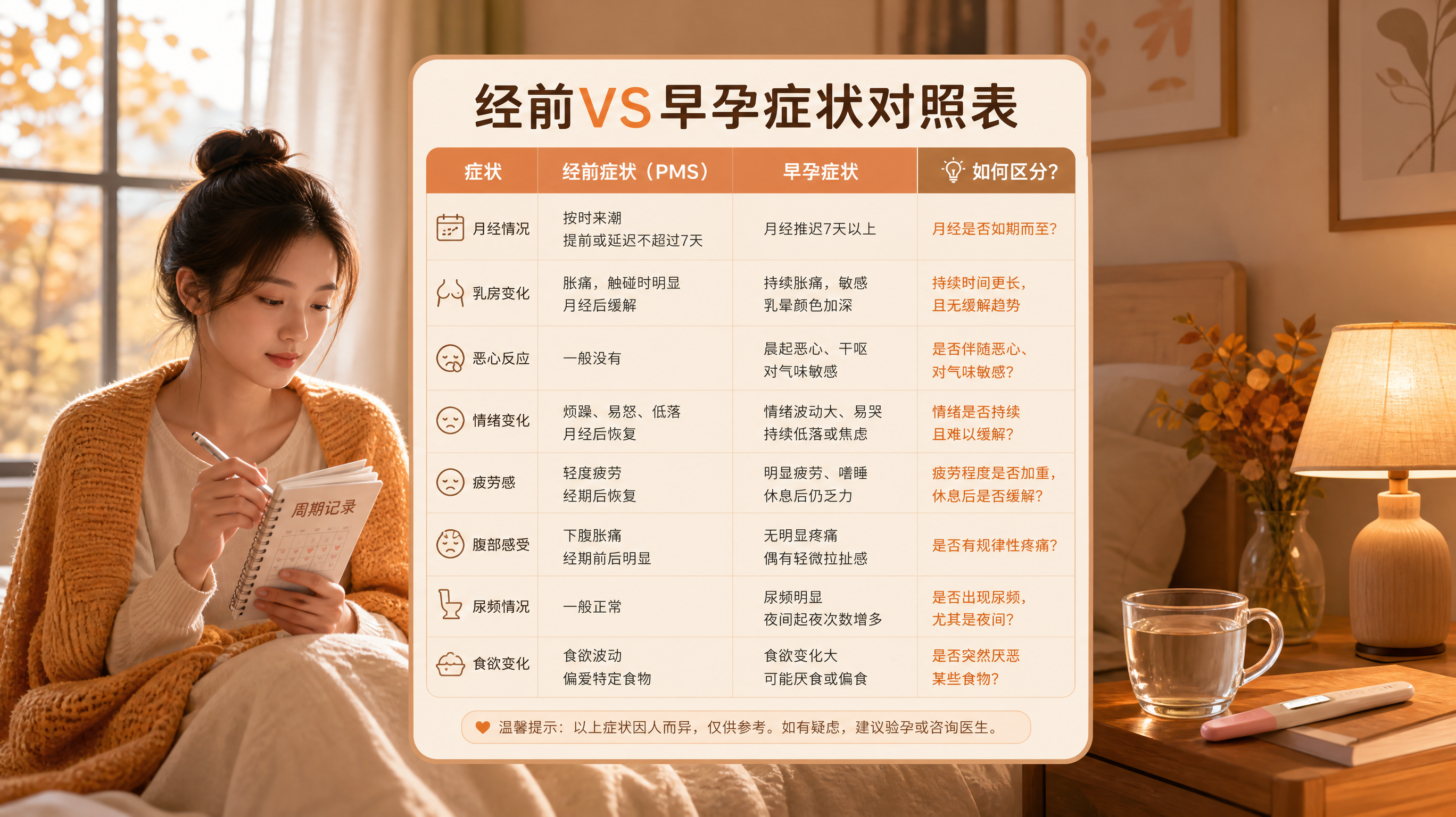 胸胀怕冷尿频是怀孕吗？一张表分清经前VS早孕