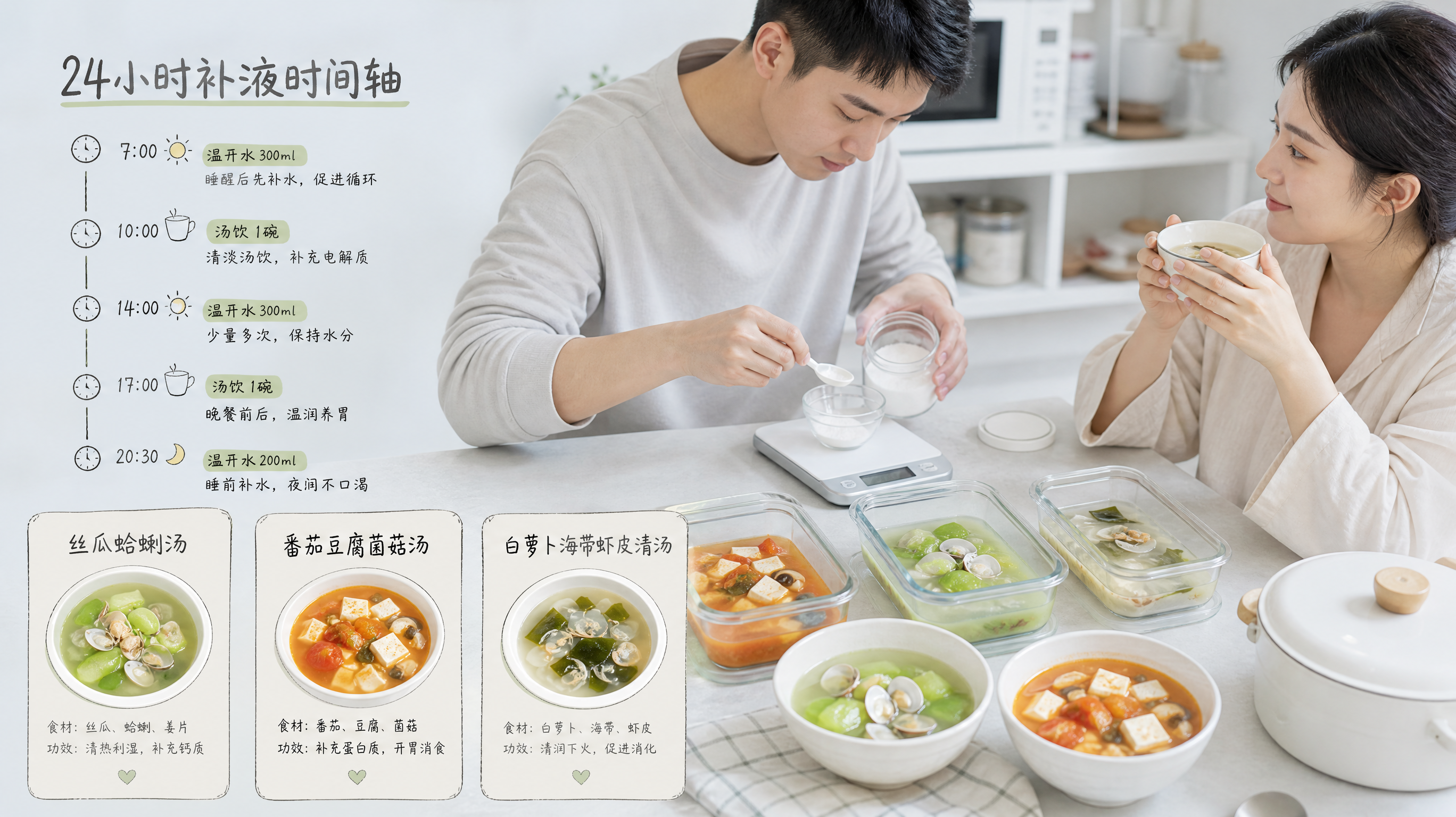 日系冷调清透美食排版风格，一张竖版信息图海报，场景为中国家庭厨房餐桌上，出现一个“24小时补液时间轴