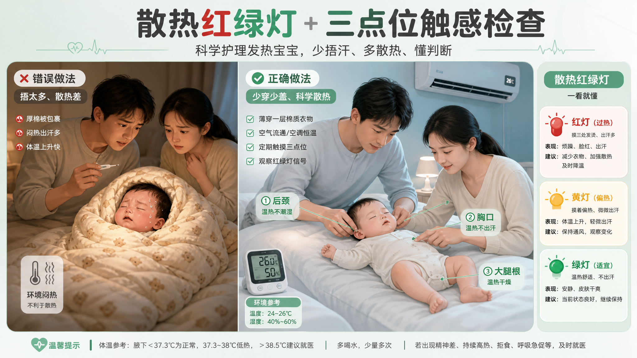 中国年轻父母在卧室夜间照看发热的中国婴儿，画面分为左右对比的条漫式构图：左侧为错误做法，婴儿被厚棉被