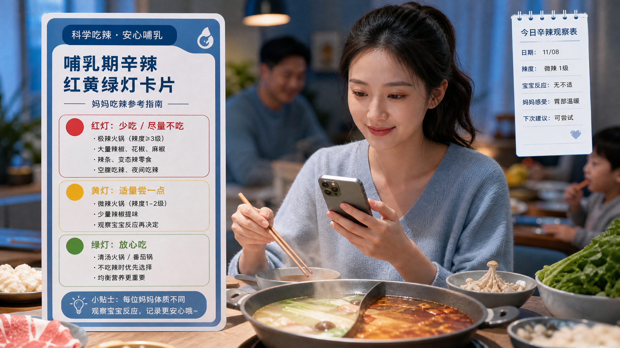 竖版信息图风格插画，场景为中国家庭餐桌上的深秋火锅，年轻中国妈妈坐在桌边一手拿筷子一手拿手机记录“辛